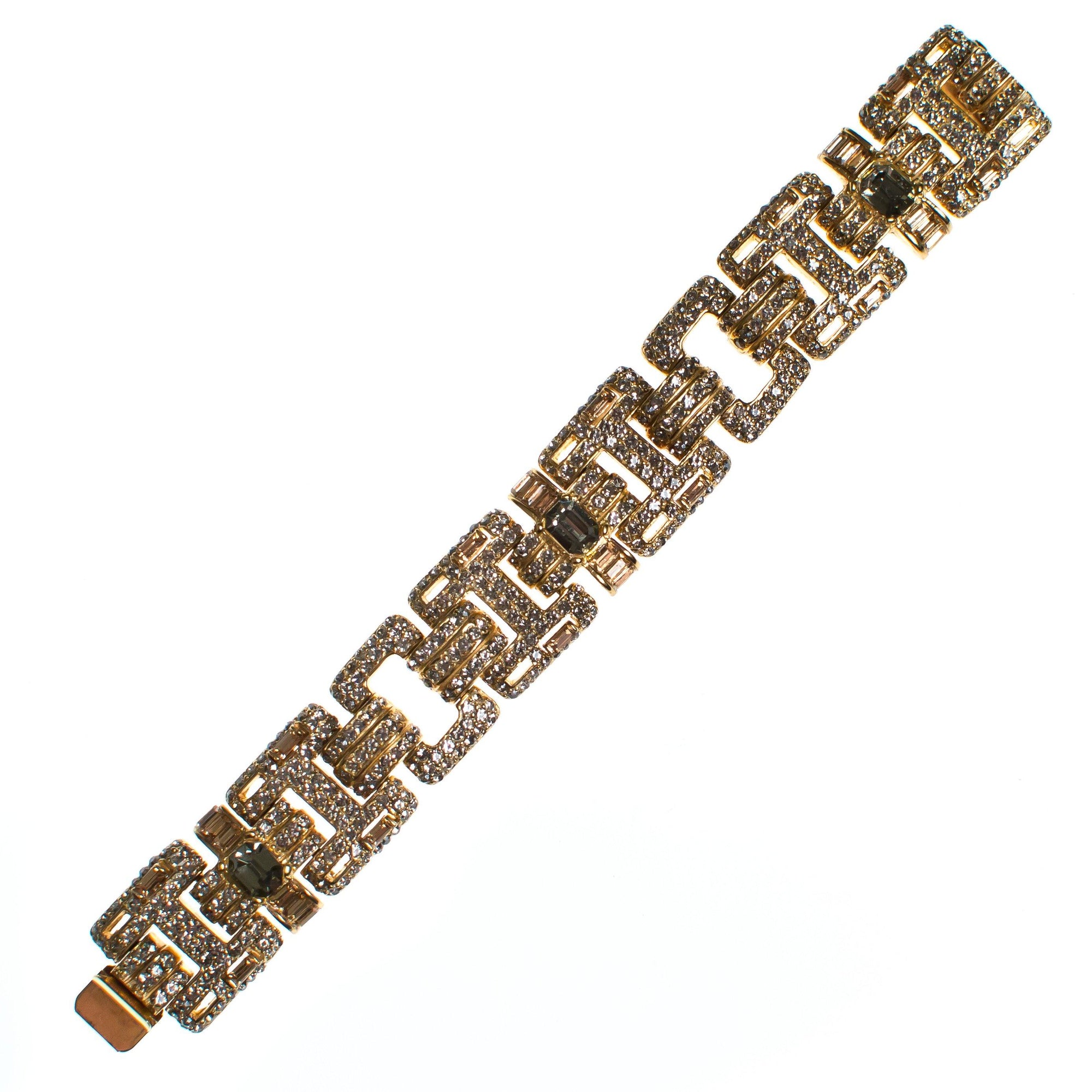 Ciner No Escape Bracelet with Black Diamond, Crystal Velvet, and Colorado Topaz Rhinestones in Gold by Ciner - Vintage Meet Modern Vintage Jewelry - Chicago, Illinois - #oldhollywoodglamour #vintagemeetmodern #designervintage #jewelrybox #antiquejewelry #vintagejewelry