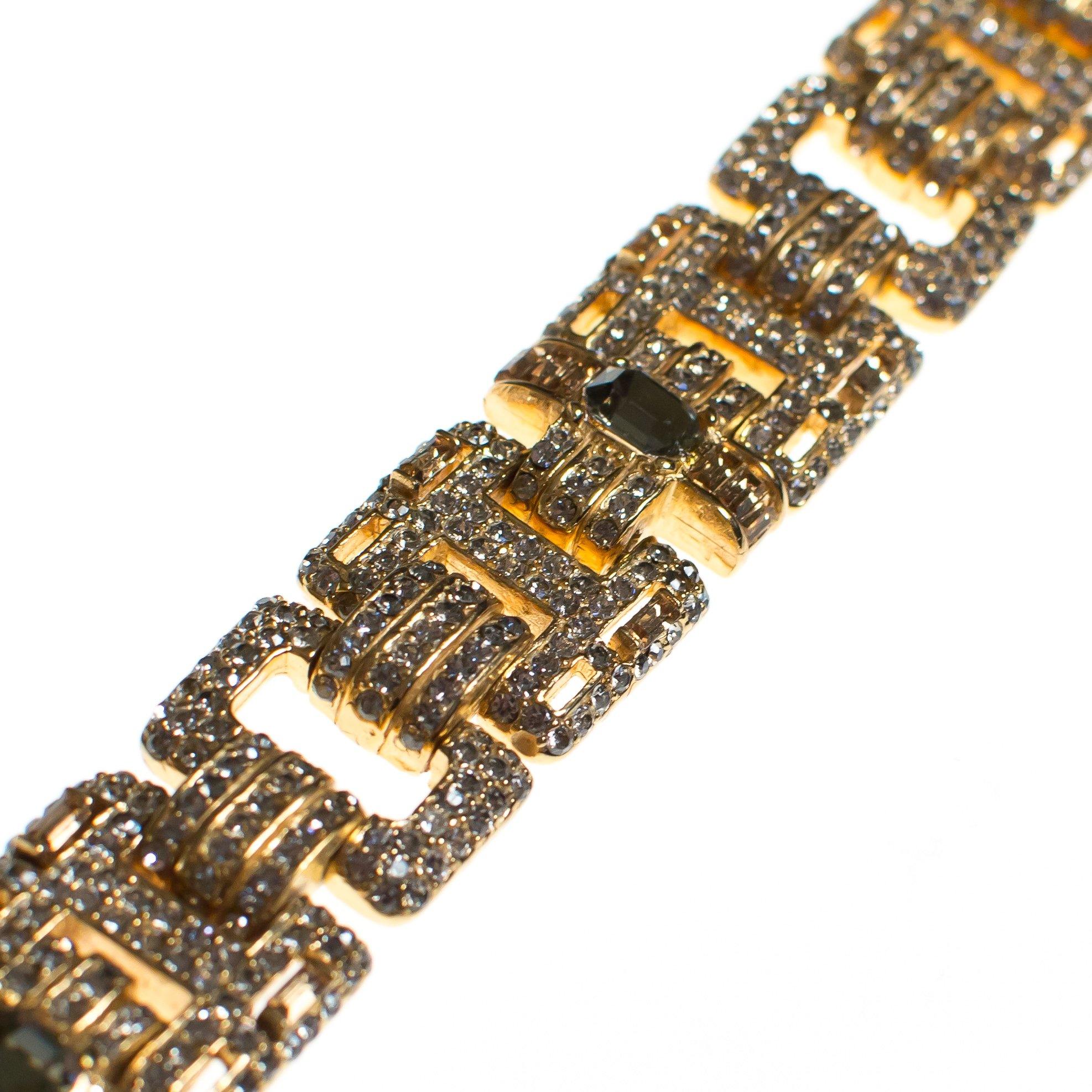 Ciner No Escape Bracelet with Black Diamond, Crystal Velvet, and Colorado Topaz Rhinestones in Gold by Ciner - Vintage Meet Modern Vintage Jewelry - Chicago, Illinois - #oldhollywoodglamour #vintagemeetmodern #designervintage #jewelrybox #antiquejewelry #vintagejewelry