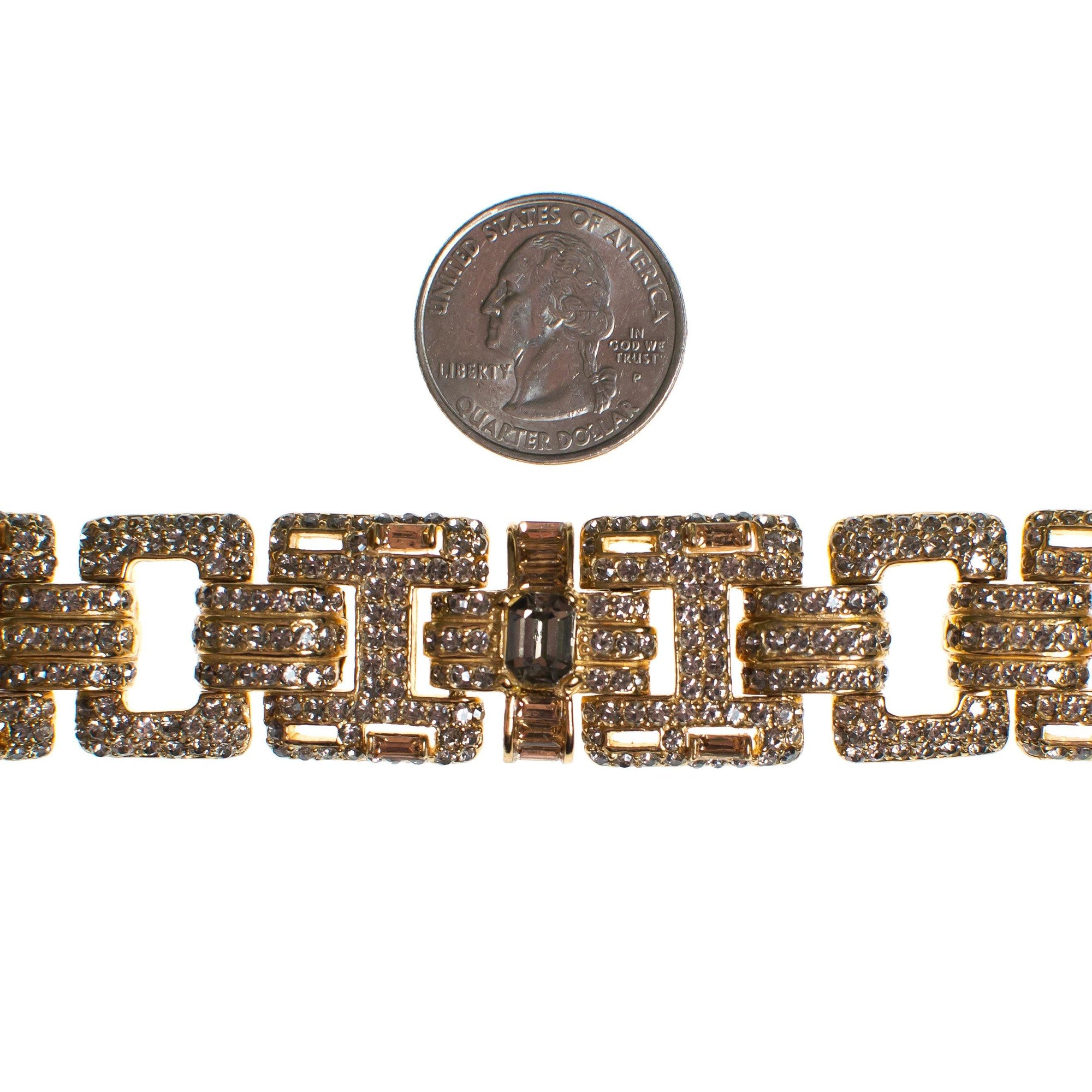 Ciner No Escape Bracelet with Black Diamond, Crystal Velvet, and Colorado Topaz Rhinestones in Gold by Ciner - Vintage Meet Modern Vintage Jewelry - Chicago, Illinois - #oldhollywoodglamour #vintagemeetmodern #designervintage #jewelrybox #antiquejewelry #vintagejewelry