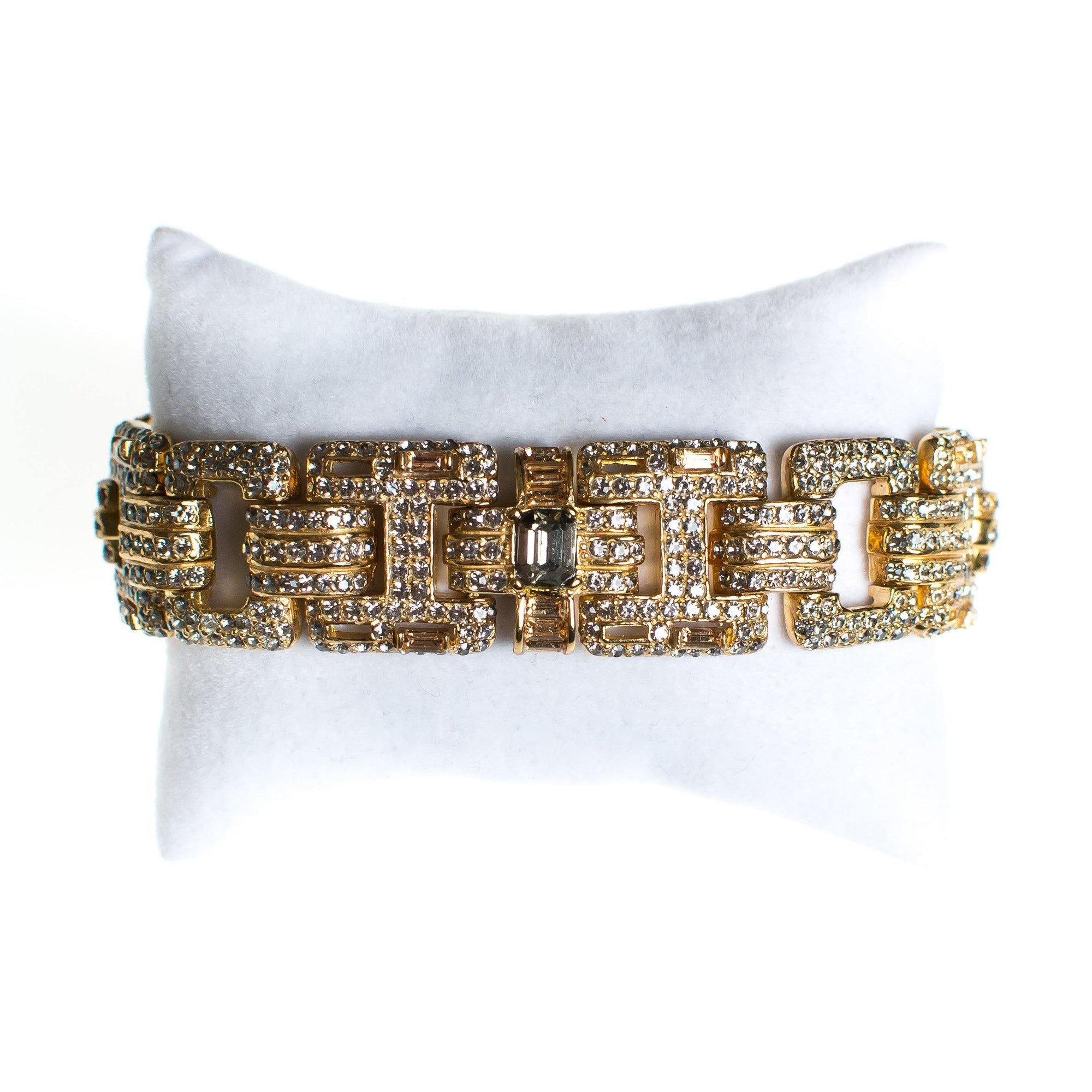 Ciner No Escape Bracelet with Black Diamond, Crystal Velvet, and Colorado Topaz Rhinestones in Gold by Ciner - Vintage Meet Modern Vintage Jewelry - Chicago, Illinois - #oldhollywoodglamour #vintagemeetmodern #designervintage #jewelrybox #antiquejewelry #vintagejewelry