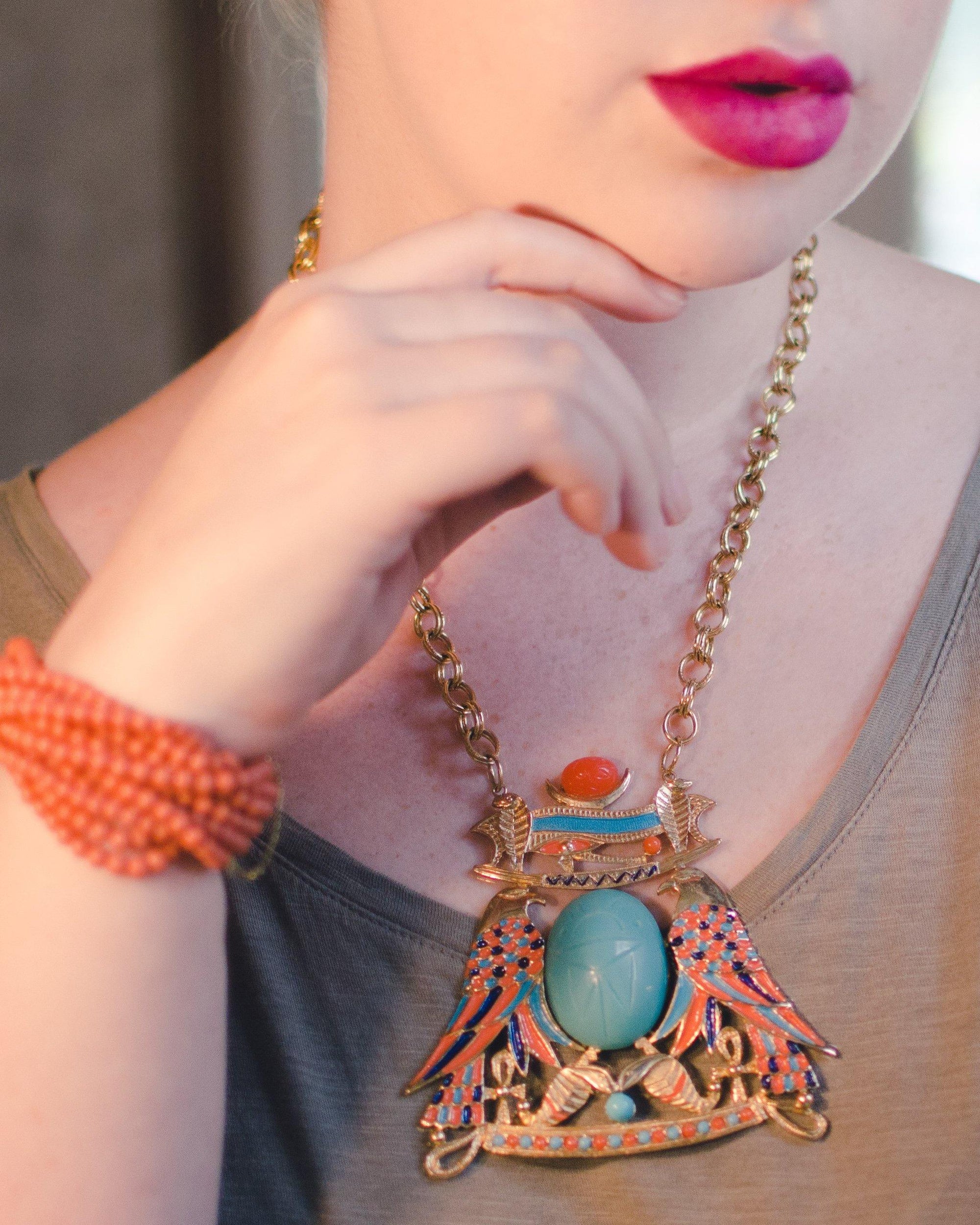 Vintage Accessocraft Turquoise Scarab Necklace by Vintage Meet Modern - Vintage Meet Modern Vintage Jewelry - Chicago, Illinois - #oldhollywoodglamour #vintagemeetmodern #designervintage #jewelrybox #antiquejewelry #vintagejewelry