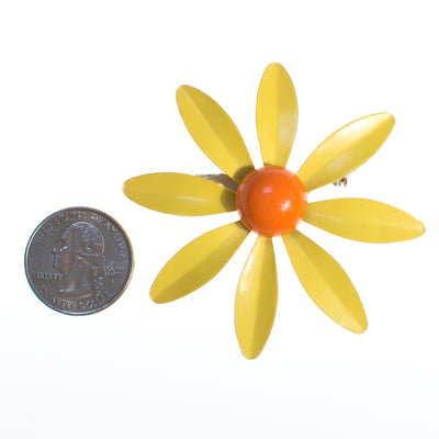 Vintage Retro Mod Flower Power Yellow and Orange Enamel Brooch by 1950s - Vintage Meet Modern Vintage Jewelry - Chicago, Illinois - #oldhollywoodglamour #vintagemeetmodern #designervintage #jewelrybox #antiquejewelry #vintagejewelry