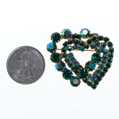 Vintage Emerald Green Aurora Borealis Double Heart Brooch by Vintage Meet Modern - Vintage Meet Modern Vintage Jewelry - Chicago, Illinois - #oldhollywoodglamour #vintagemeetmodern #designervintage #jewelrybox #antiquejewelry #vintagejewelry