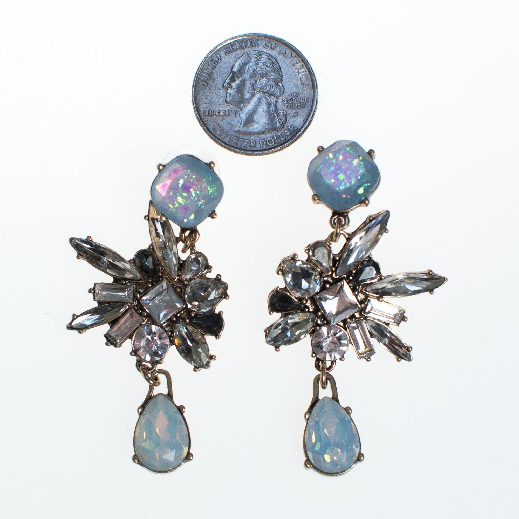 Rhinestone Chandelier Earrings with Opaline and Aurora Borealis Crystals by Vintage Meet Modern - Vintage Meet Modern Vintage Jewelry - Chicago, Illinois - #oldhollywoodglamour #vintagemeetmodern #designervintage #jewelrybox #antiquejewelry #vintagejewelry