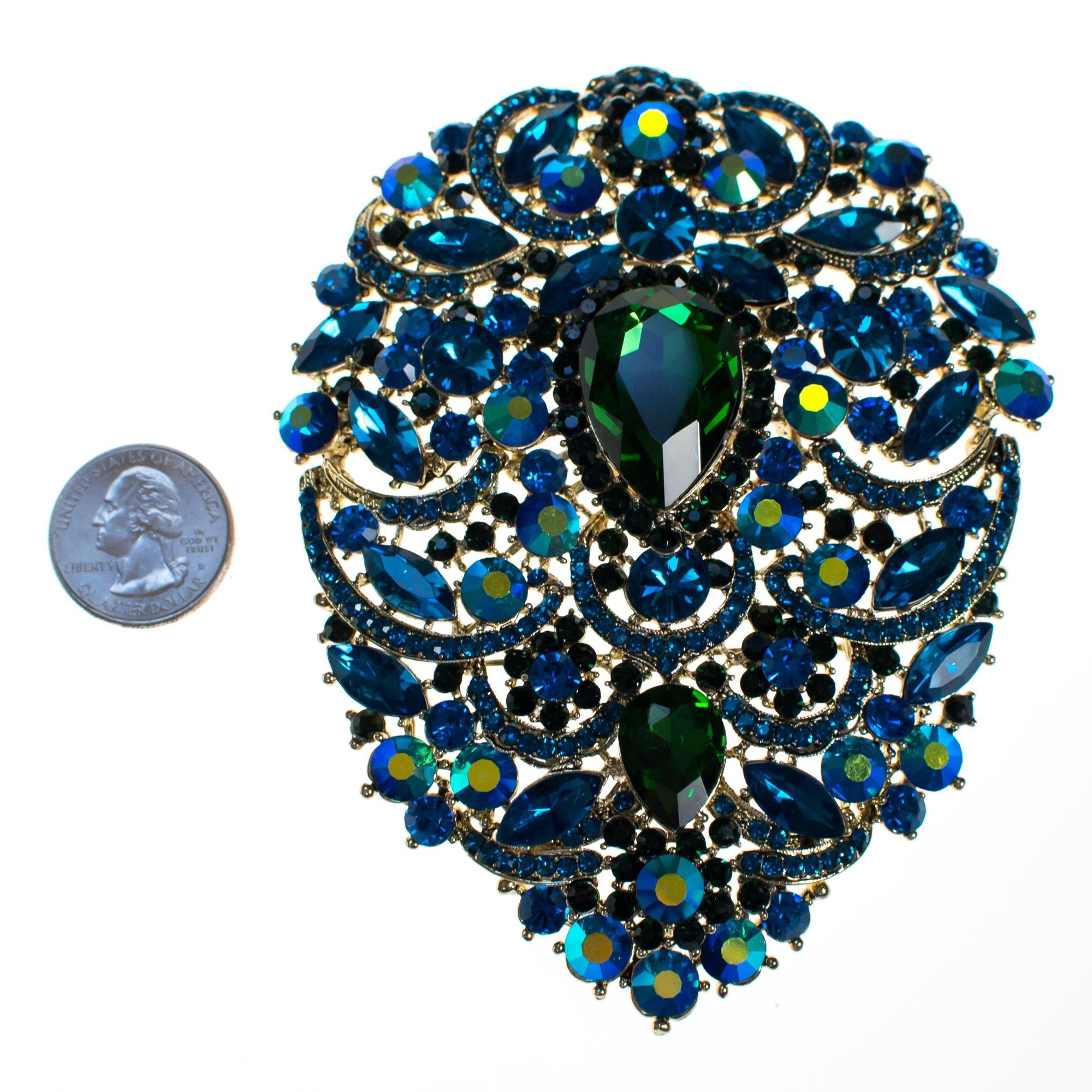Massive Blue and Emerald Green Rhinestone Brooch by Vintage Meet Modern - Vintage Meet Modern Vintage Jewelry - Chicago, Illinois - #oldhollywoodglamour #vintagemeetmodern #designervintage #jewelrybox #antiquejewelry #vintagejewelry