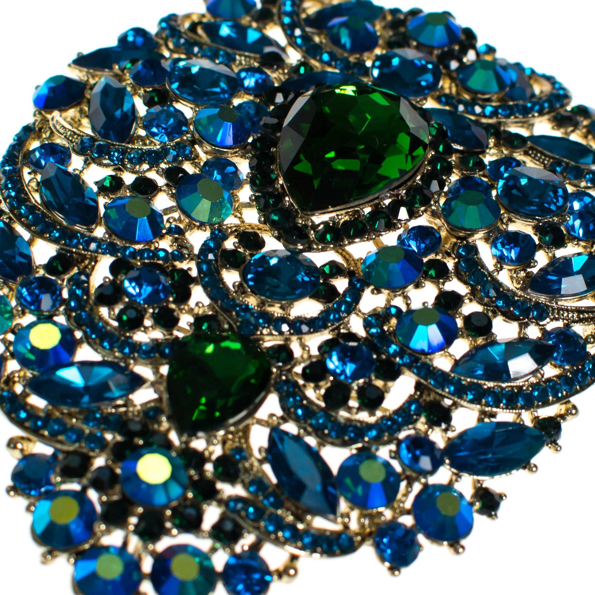 Massive Blue and Emerald Green Rhinestone Brooch by Vintage Meet Modern - Vintage Meet Modern Vintage Jewelry - Chicago, Illinois - #oldhollywoodglamour #vintagemeetmodern #designervintage #jewelrybox #antiquejewelry #vintagejewelry