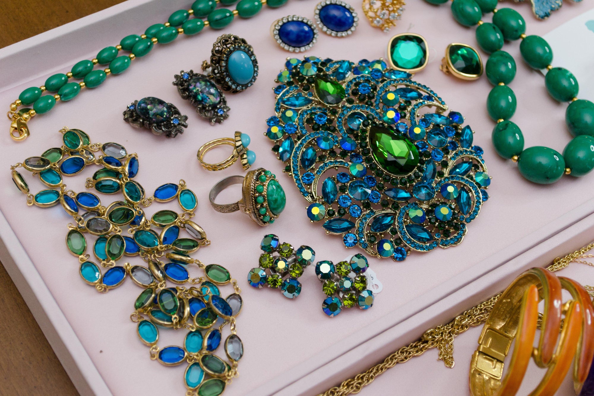 Massive Blue and Emerald Green Rhinestone Brooch by Vintage Meet Modern - Vintage Meet Modern Vintage Jewelry - Chicago, Illinois - #oldhollywoodglamour #vintagemeetmodern #designervintage #jewelrybox #antiquejewelry #vintagejewelry