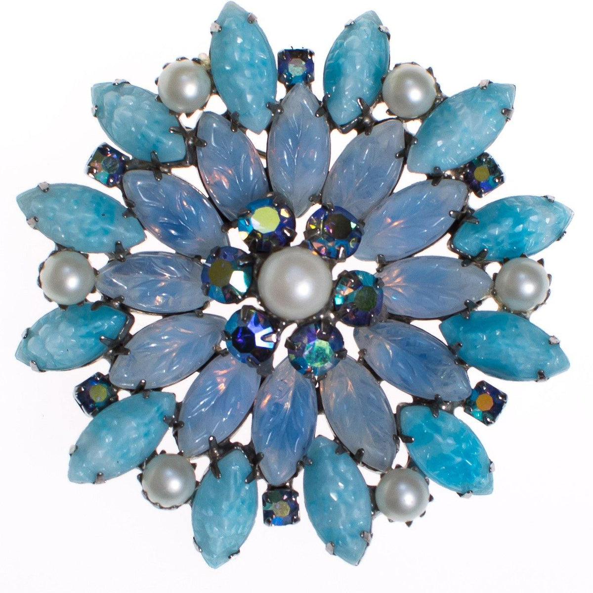 Blue Rhinestone and Pressed Glass Brooch