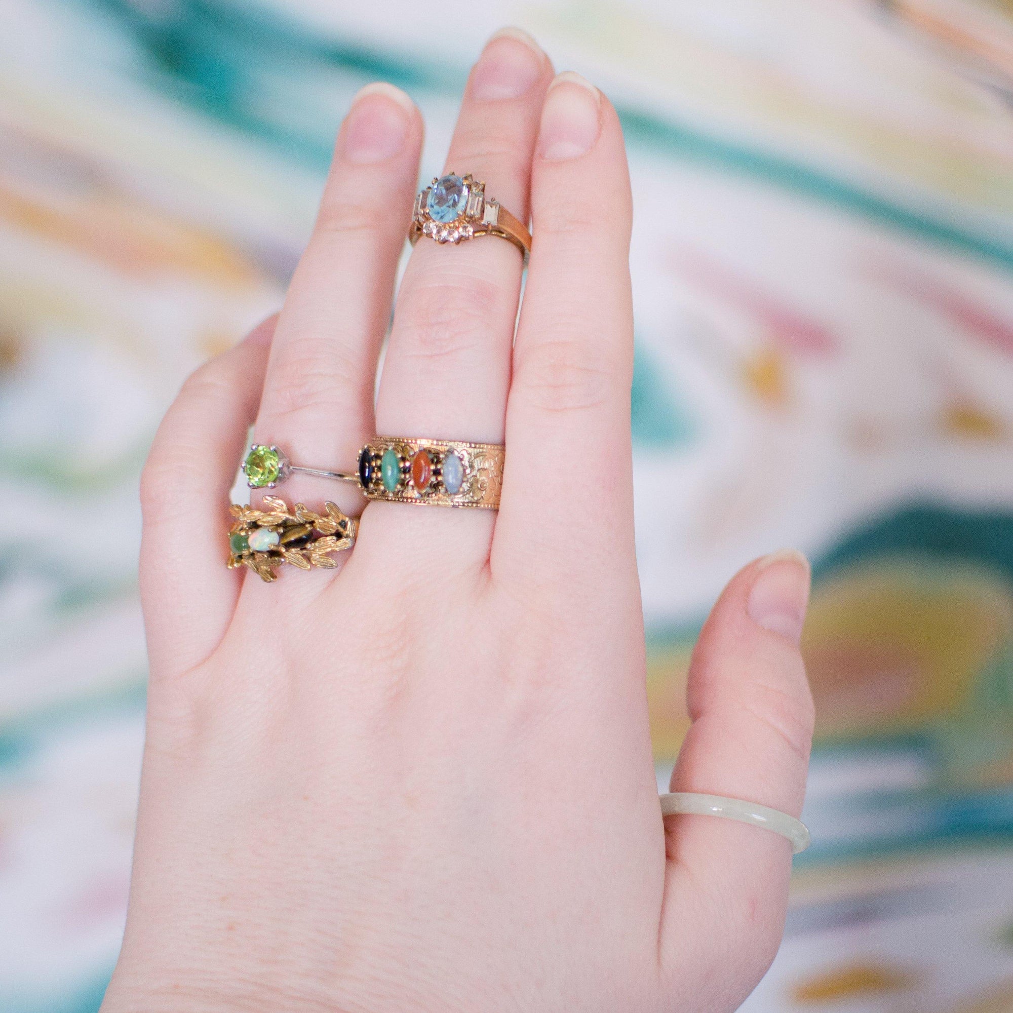 Vogue Renaissance Revival Wide Band Ring with Faux Jade, Onyx, Carnelian, and Opaline by Vogue Jewelry - Vintage Meet Modern Vintage Jewelry - Chicago, Illinois - #oldhollywoodglamour #vintagemeetmodern #designervintage #jewelrybox #antiquejewelry #vintagejewelry