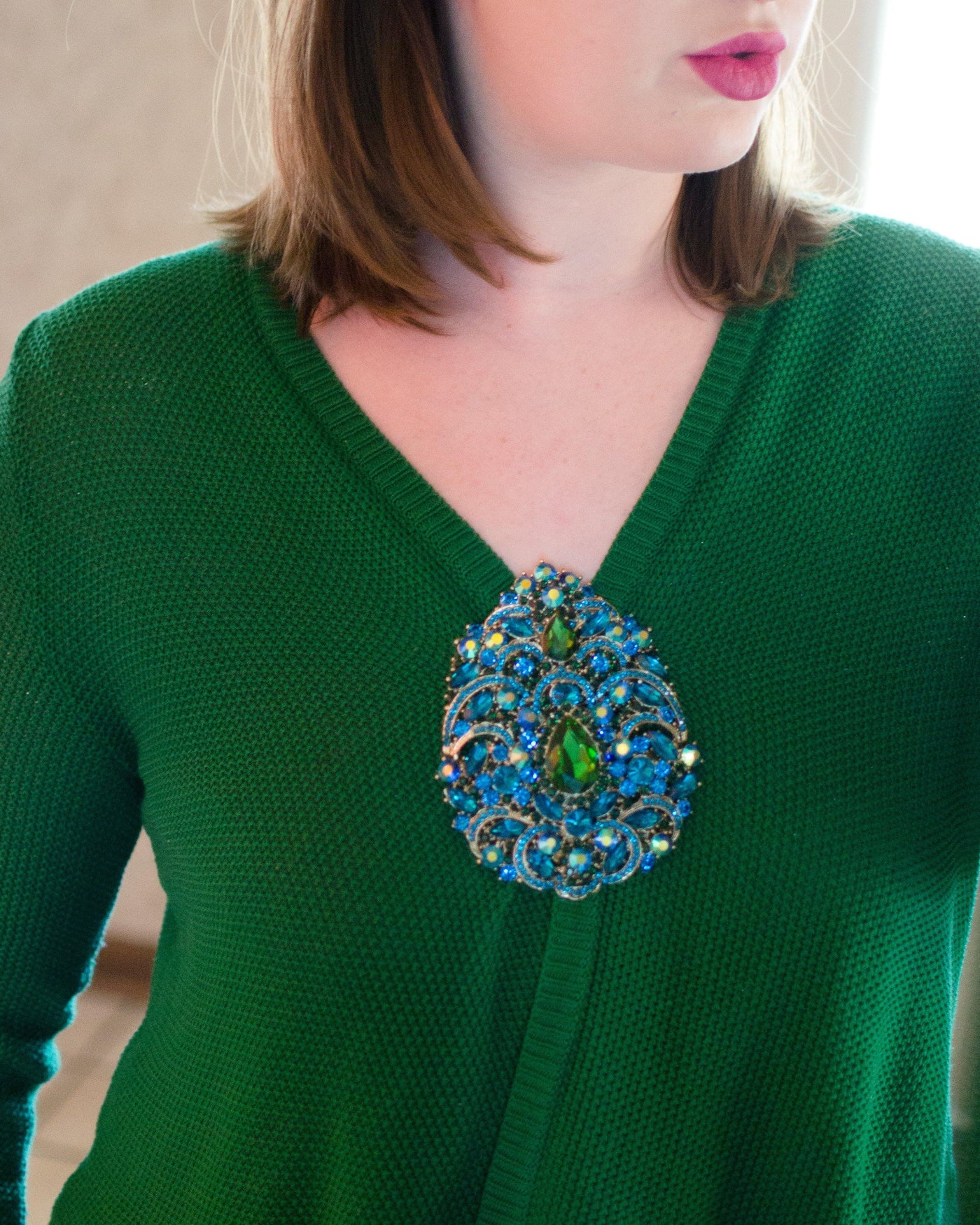 Massive Blue and Emerald Green Rhinestone Brooch