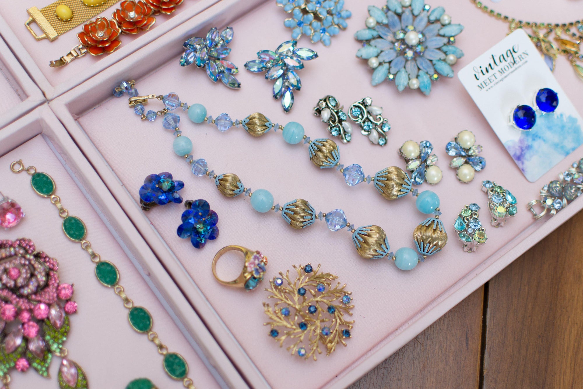 Vintage Vendome Blue Crystal and Gold Bead Necklace by Vendome - Vintage Meet Modern Vintage Jewelry - Chicago, Illinois - #oldhollywoodglamour #vintagemeetmodern #designervintage #jewelrybox #antiquejewelry #vintagejewelry