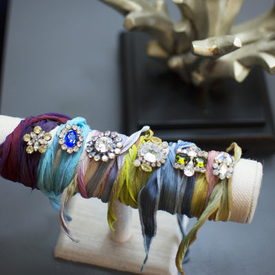 Turquoise Ribbon Wrap Bracelet with Sapphire Blue and Diamante Rhinestone Button by Vintage Meet Modern - Vintage Meet Modern Vintage Jewelry - Chicago, Illinois - #oldhollywoodglamour #vintagemeetmodern #designervintage #jewelrybox #antiquejewelry #vintagejewelry