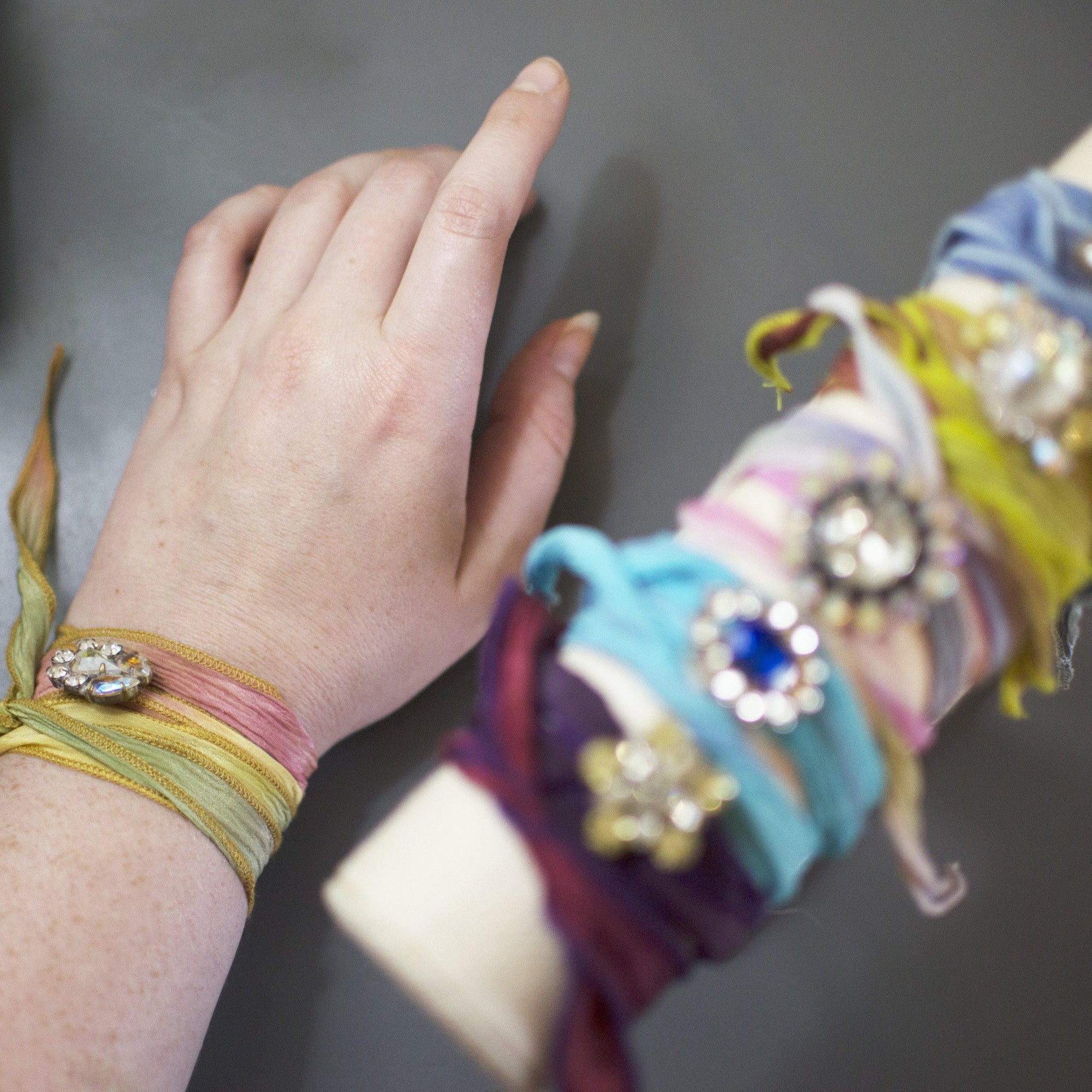 Blue Ribbon Wrap Bracelet with Diamante, Coral, and Smokey Topaz Czech Rhinestone Button by Vintage Meet Modern - Vintage Meet Modern Vintage Jewelry - Chicago, Illinois - #oldhollywoodglamour #vintagemeetmodern #designervintage #jewelrybox #antiquejewelry #vintagejewelry