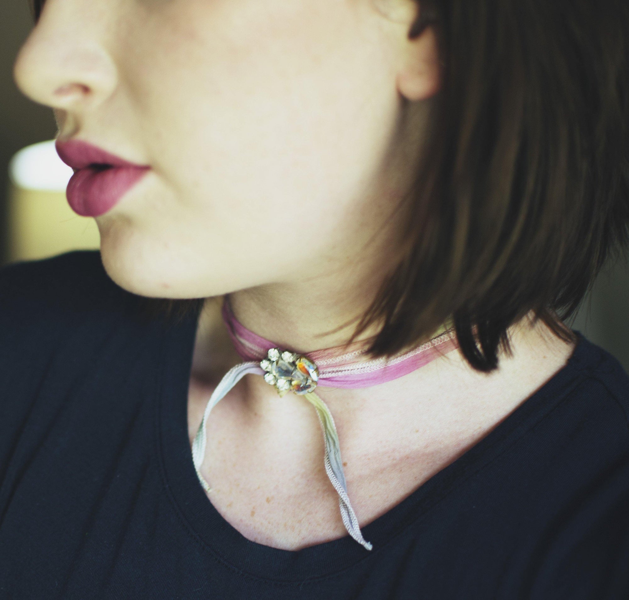 Blue Ribbon Wrap Bracelet with Diamante, Coral, and Smokey Topaz Czech Rhinestone Button by Vintage Meet Modern - Vintage Meet Modern Vintage Jewelry - Chicago, Illinois - #oldhollywoodglamour #vintagemeetmodern #designervintage #jewelrybox #antiquejewelry #vintagejewelry