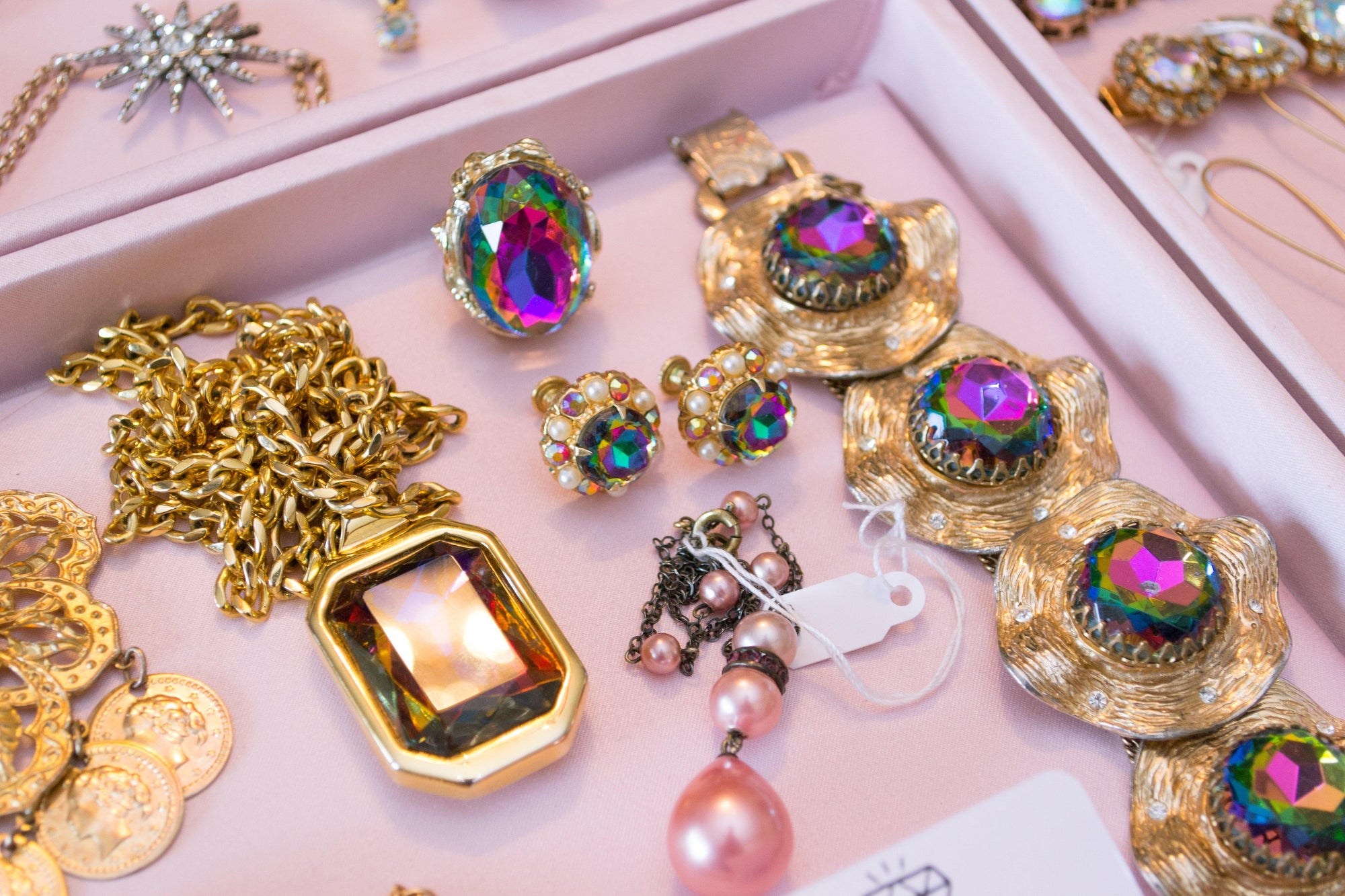 Judy Lee Heliotrope Rainbow Rhinestone Bracelet set in Gold Tone by Judy Lee - Vintage Meet Modern Vintage Jewelry - Chicago, Illinois - #oldhollywoodglamour #vintagemeetmodern #designervintage #jewelrybox #antiquejewelry #vintagejewelry