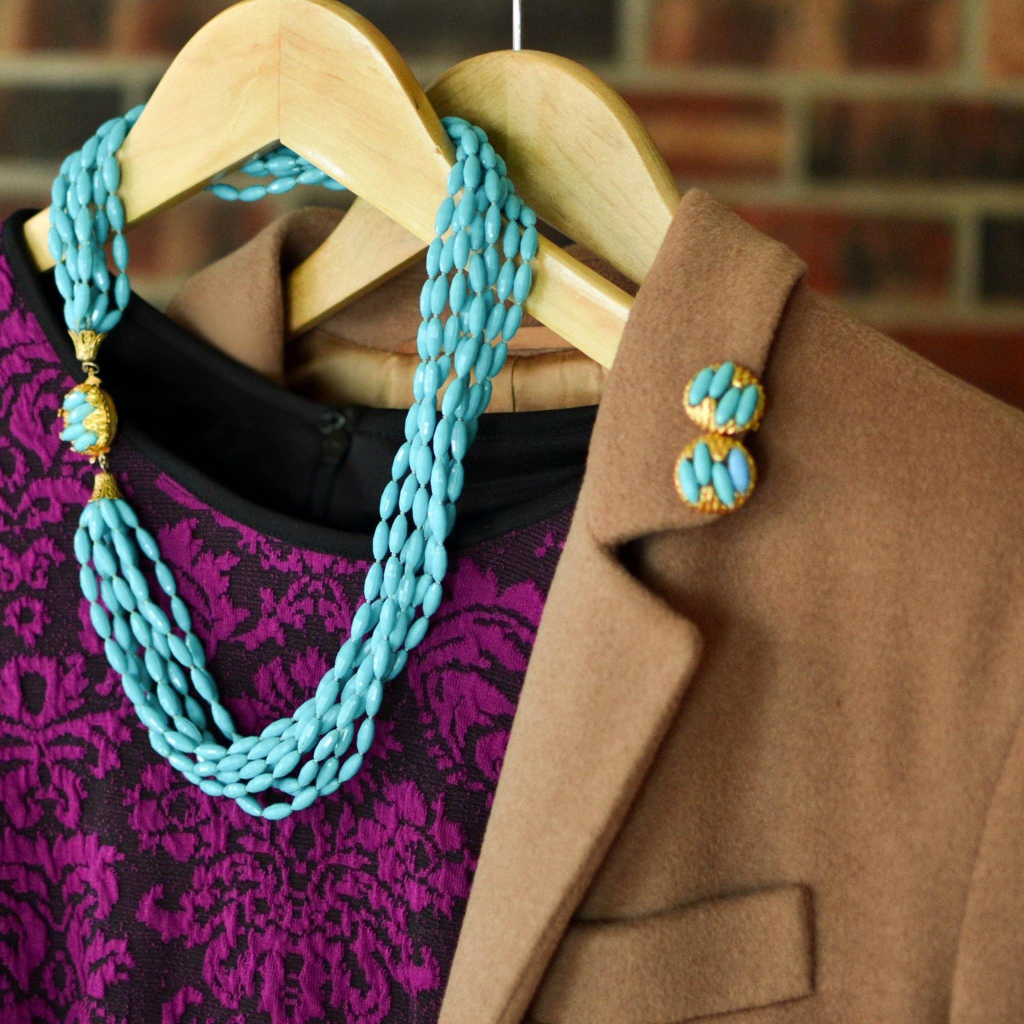 Turquoise Rice Bead Torsade Necklace and Earring Set by Unsigned Beauty - Vintage Meet Modern Vintage Jewelry - Chicago, Illinois - #oldhollywoodglamour #vintagemeetmodern #designervintage #jewelrybox #antiquejewelry #vintagejewelry