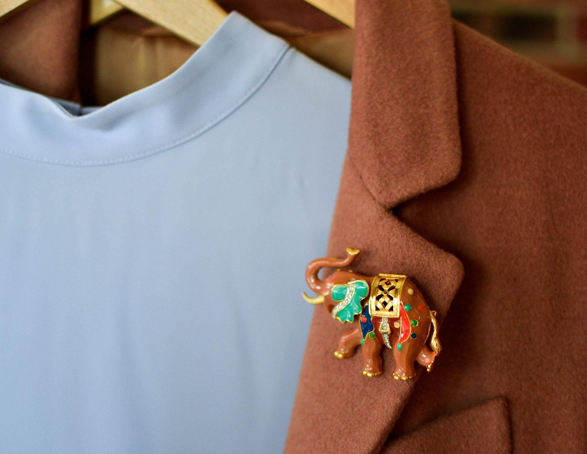 Bejeweld Colorful Elephant Pendant Brooch by Unsigned Beauty - Vintage Meet Modern Vintage Jewelry - Chicago, Illinois - #oldhollywoodglamour #vintagemeetmodern #designervintage #jewelrybox #antiquejewelry #vintagejewelry