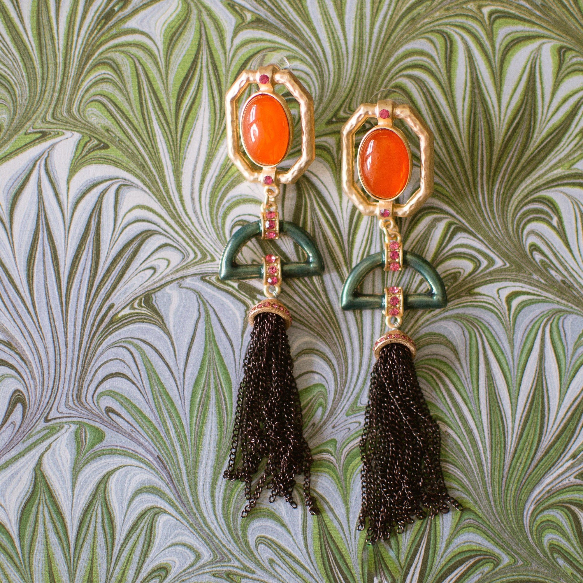 Coral Cabochon and Jade Enamel Tassel Earrings by Vintage Meet Modern - Vintage Meet Modern Vintage Jewelry - Chicago, Illinois - #oldhollywoodglamour #vintagemeetmodern #designervintage #jewelrybox #antiquejewelry #vintagejewelry