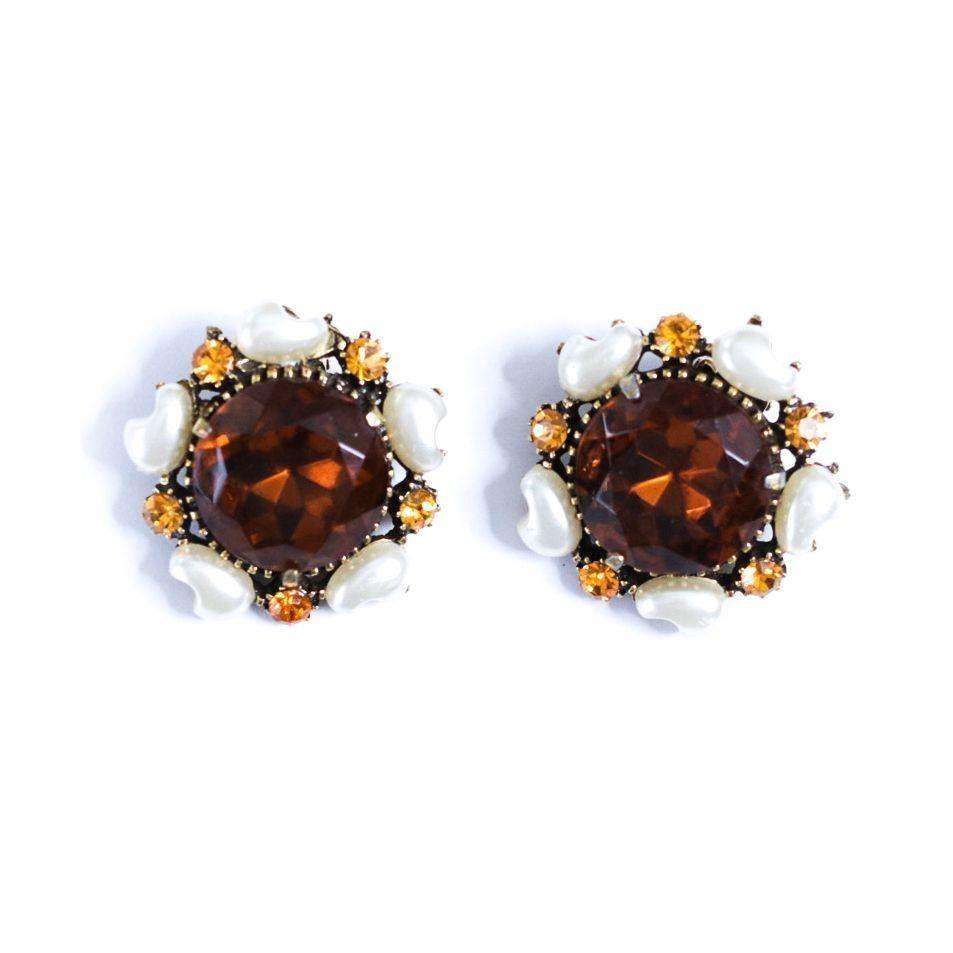 Vintage Florenza Amber Smokey Crystal with Faux Pearl Statement Earrings