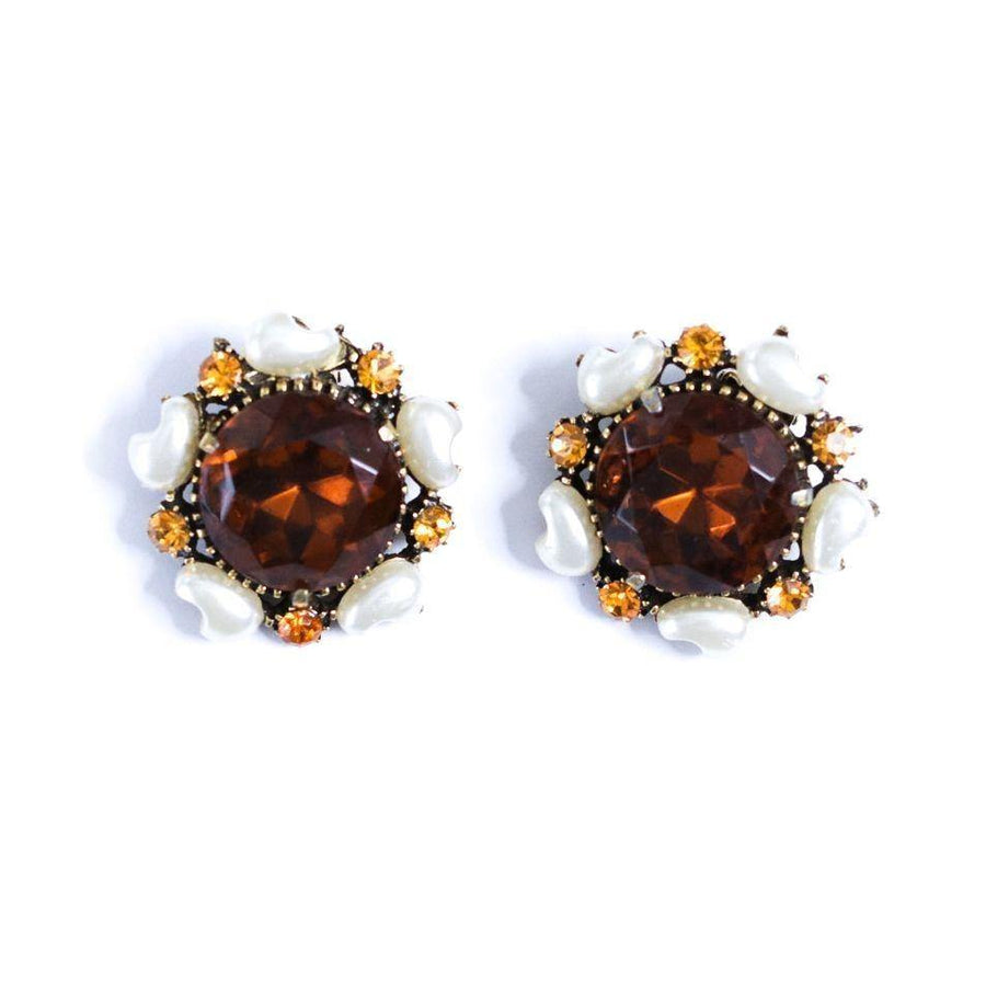 Vintage Florenza Amber Smokey Crystal with Faux Pearl Statement Earrings by Florenza - Vintage Meet Modern Vintage Jewelry - Chicago, Illinois - #oldhollywoodglamour #vintagemeetmodern #designervintage #jewelrybox #antiquejewelry #vintagejewelry