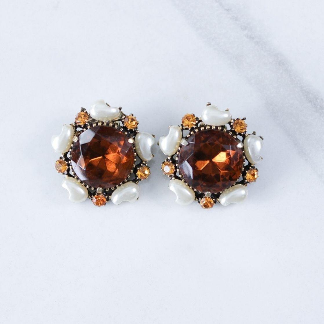 Vintage Florenza Amber Smokey Crystal with Faux Pearl Statement Earrings by Florenza - Vintage Meet Modern Vintage Jewelry - Chicago, Illinois - #oldhollywoodglamour #vintagemeetmodern #designervintage #jewelrybox #antiquejewelry #vintagejewelry