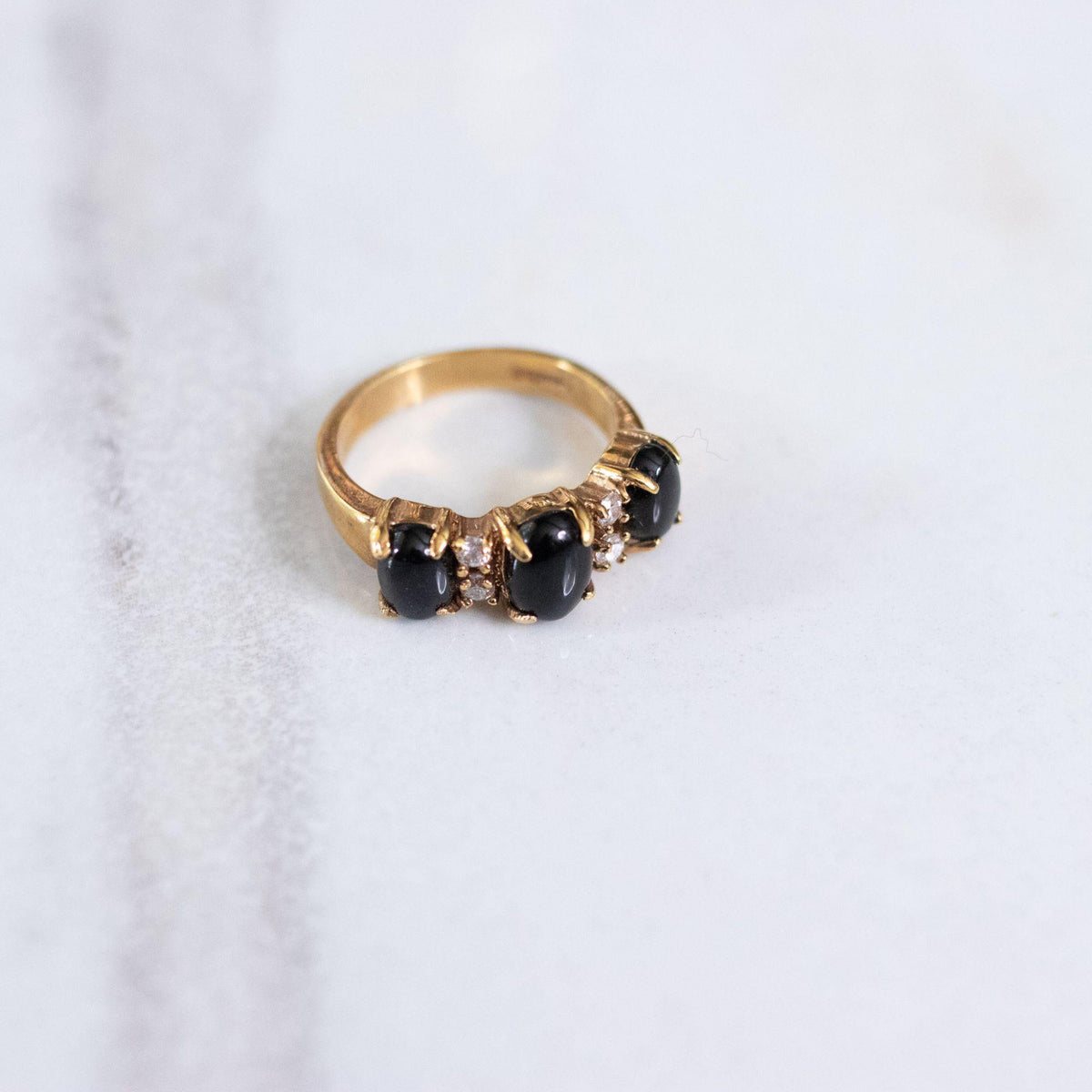 Vintage 1980s Jet Cabochon Three Stone Statement Ring