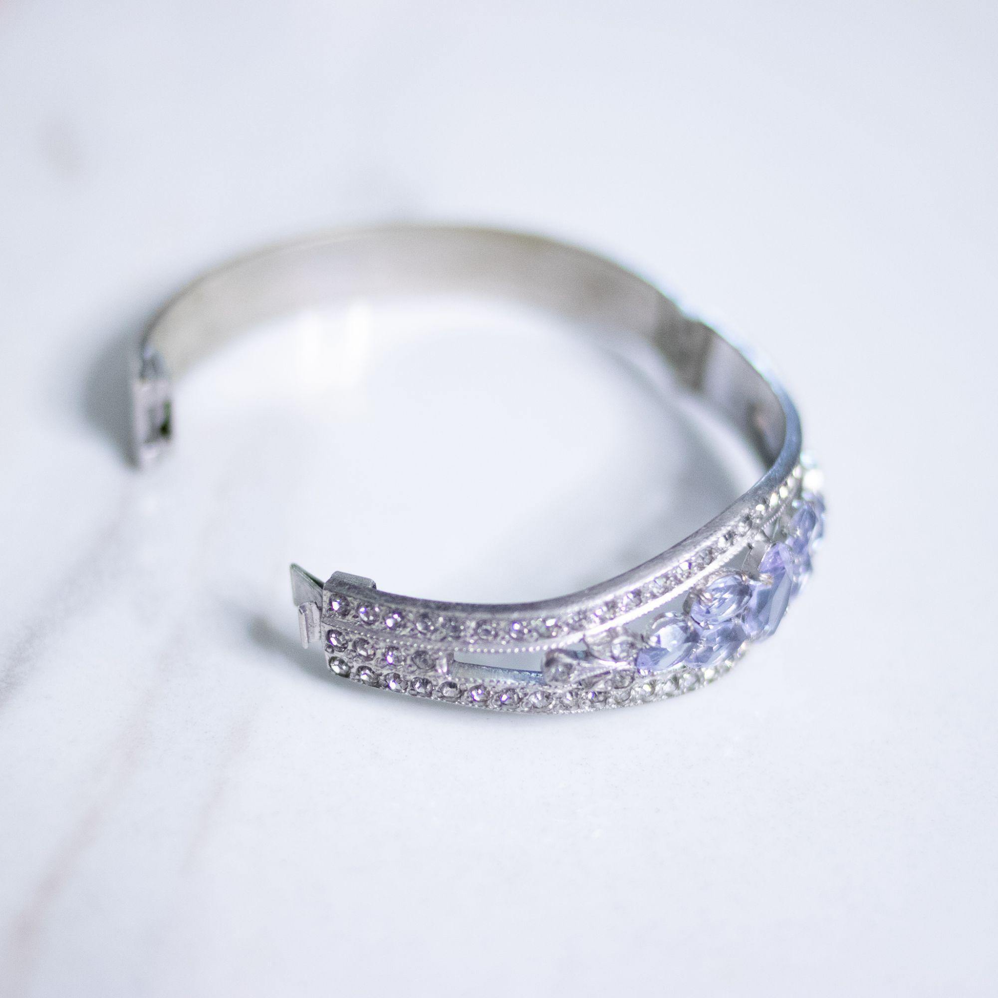 Vintage Art Deco Tanzanite Crystal and Rhinestone Hinged Bangle Bracelet by LL Co - Vintage Meet Modern Vintage Jewelry - Chicago, Illinois - #oldhollywoodglamour #vintagemeetmodern #designervintage #jewelrybox #antiquejewelry #vintagejewelry