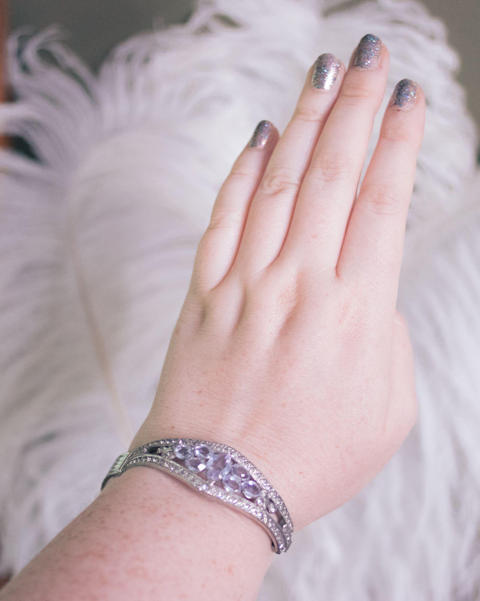 Vintage Art Deco Tanzanite Crystal and Rhinestone Hinged Bangle Bracelet by LL Co - Vintage Meet Modern Vintage Jewelry - Chicago, Illinois - #oldhollywoodglamour #vintagemeetmodern #designervintage #jewelrybox #antiquejewelry #vintagejewelry