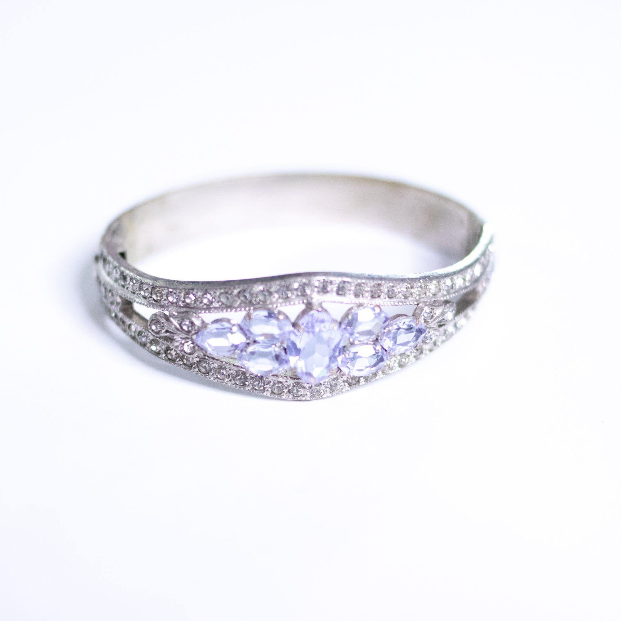 Vintage Art Deco Tanzanite Crystal and Rhinestone Hinged Bangle Bracelet by LL Co - Vintage Meet Modern Vintage Jewelry - Chicago, Illinois - #oldhollywoodglamour #vintagemeetmodern #designervintage #jewelrybox #antiquejewelry #vintagejewelry