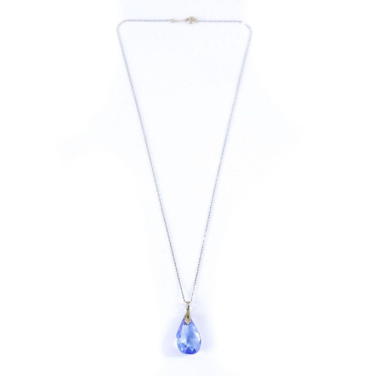 Vintage Art Deco Era Gold Filled Blue Crystal Pendant Necklace