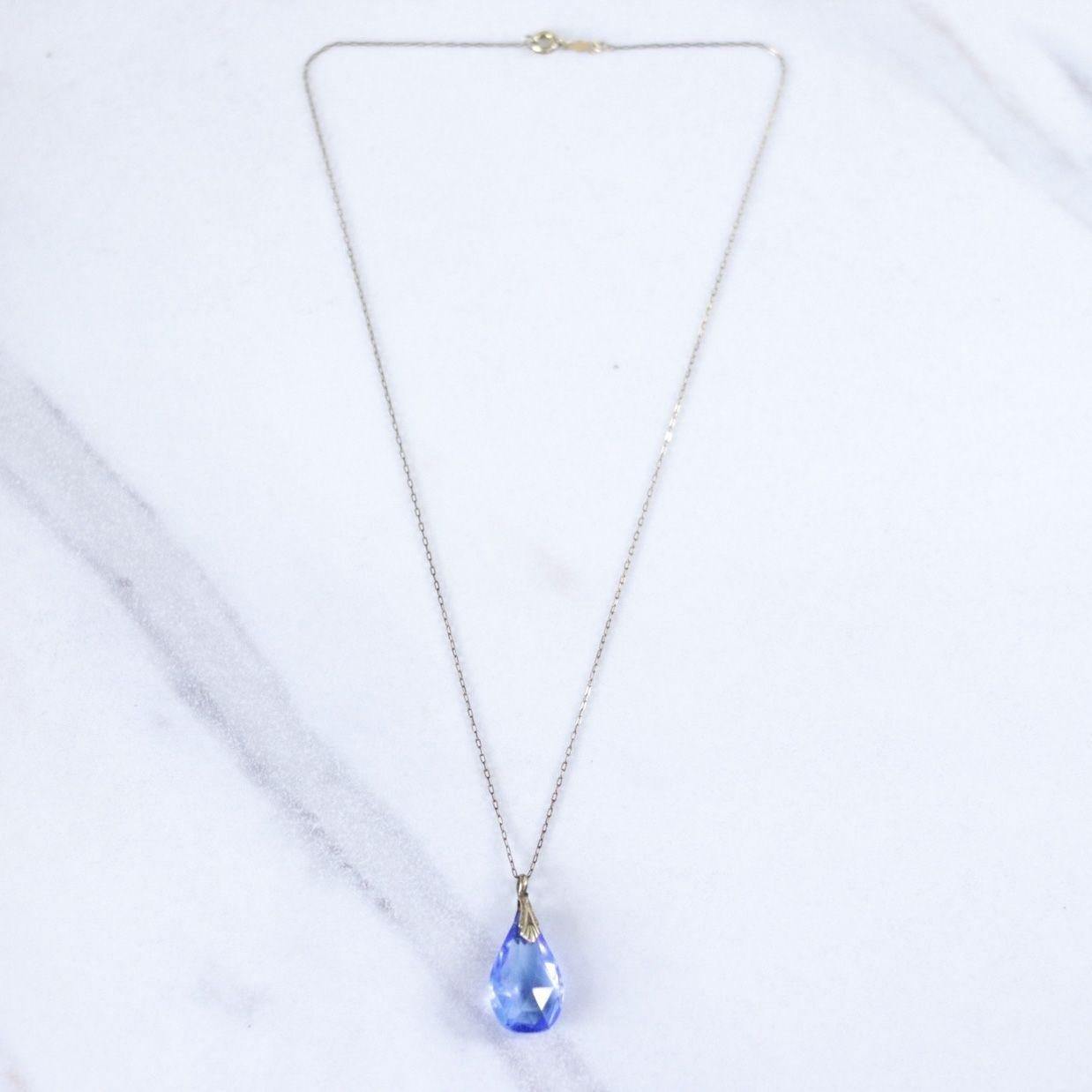 Vintage Art Deco Era Gold Filled Blue Crystal Pendant Necklace by Czech - Vintage Meet Modern Vintage Jewelry - Chicago, Illinois - #oldhollywoodglamour #vintagemeetmodern #designervintage #jewelrybox #antiquejewelry #vintagejewelry