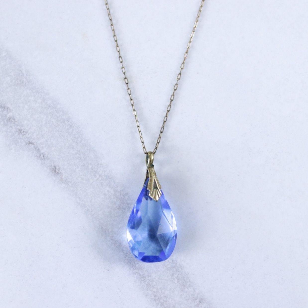 Vintage Art Deco Era Gold Filled Blue Crystal Pendant Necklace by Czech - Vintage Meet Modern Vintage Jewelry - Chicago, Illinois - #oldhollywoodglamour #vintagemeetmodern #designervintage #jewelrybox #antiquejewelry #vintagejewelry