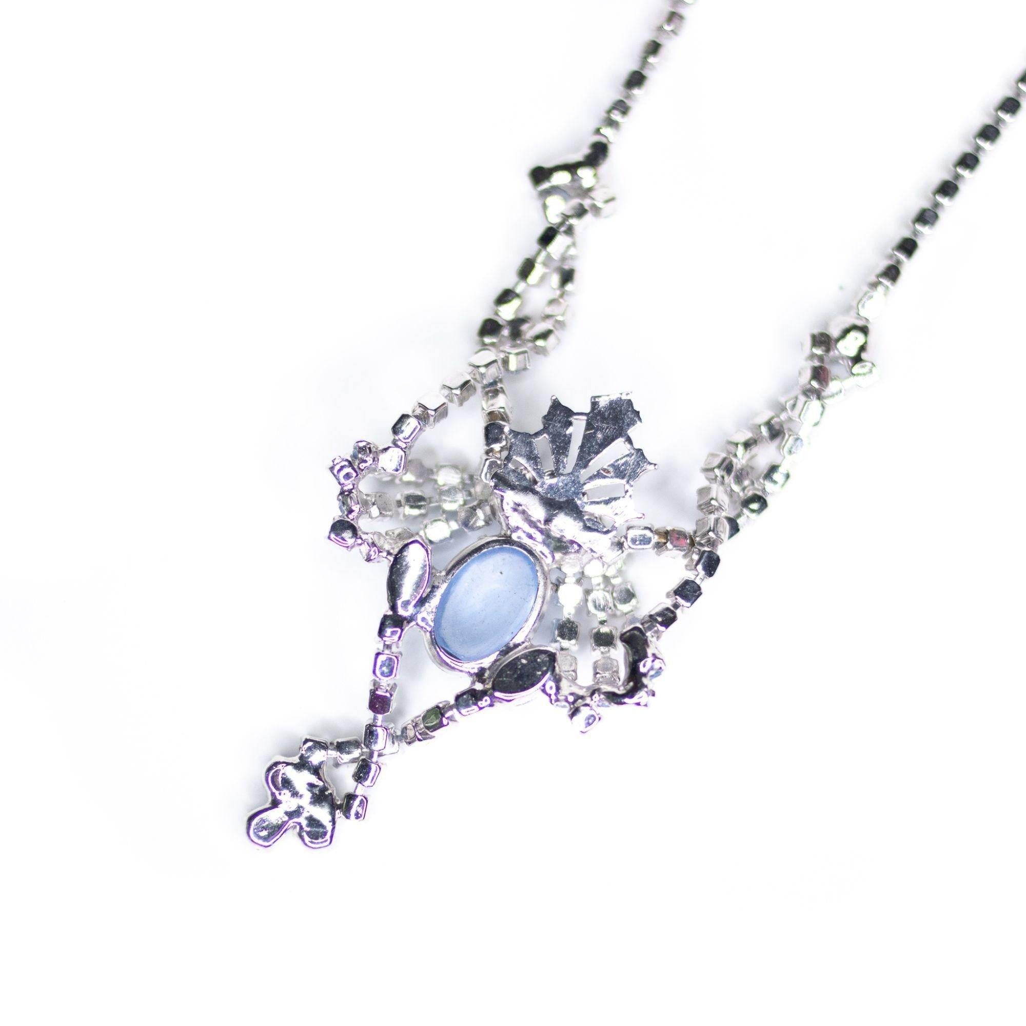 Vintage Art Deco Blue Moonstone and Rhinestone Statement Necklace by Unsigned Beauty - Vintage Meet Modern Vintage Jewelry - Chicago, Illinois - #oldhollywoodglamour #vintagemeetmodern #designervintage #jewelrybox #antiquejewelry #vintagejewelry
