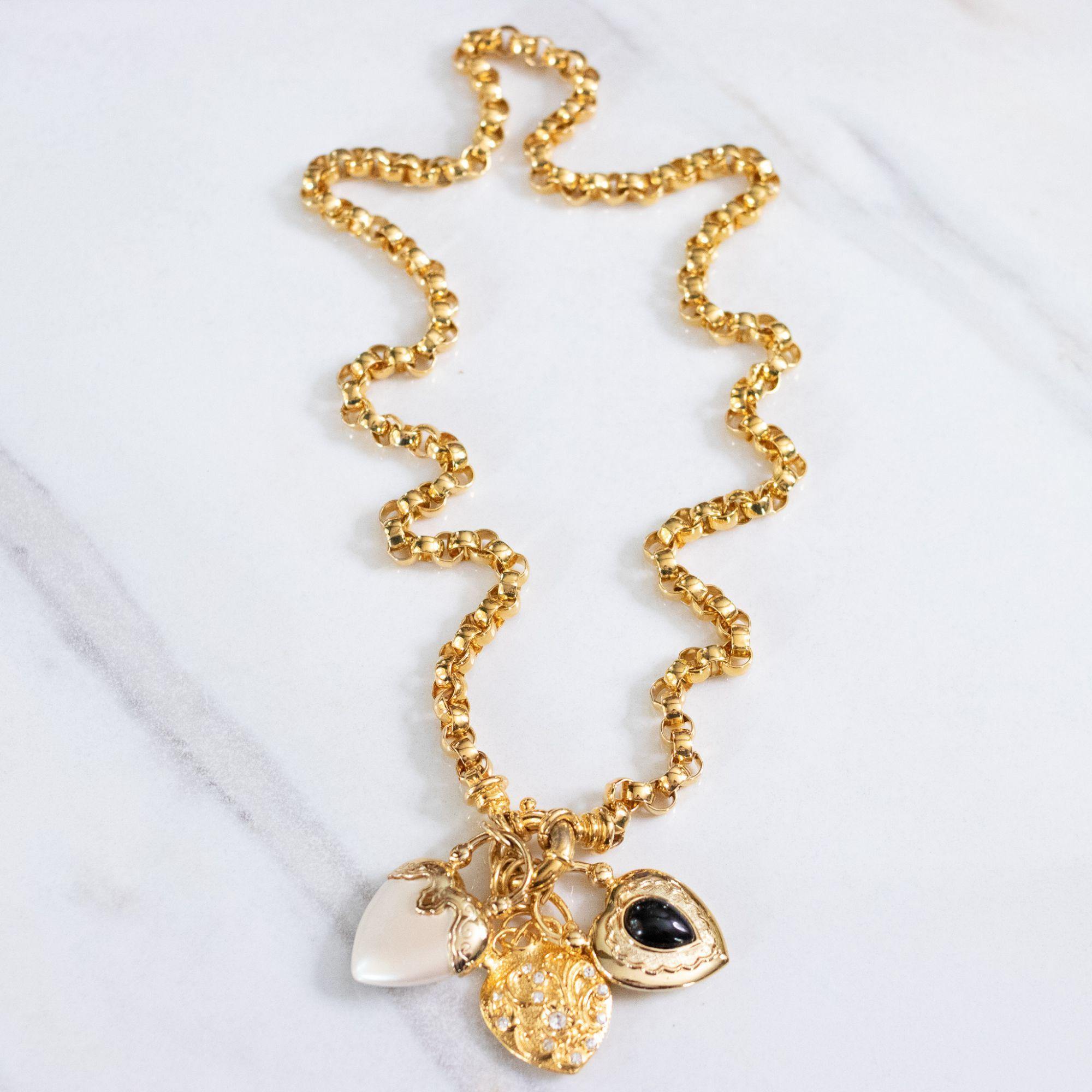 Vintage Joan Rivers Chunk Gold Chain Necklace with Heart Charms by Joan Rivers - Vintage Meet Modern Vintage Jewelry - Chicago, Illinois - #oldhollywoodglamour #vintagemeetmodern #designervintage #jewelrybox #antiquejewelry #vintagejewelry