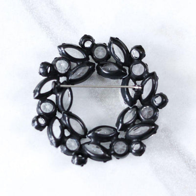 Vintage Open Back Diamante Navette Rhinestone Brooch Set Japanned Metal Finish by Unsigned Beauty - Vintage Meet Modern Vintage Jewelry - Chicago, Illinois - #oldhollywoodglamour #vintagemeetmodern #designervintage #jewelrybox #antiquejewelry #vintagejewelry