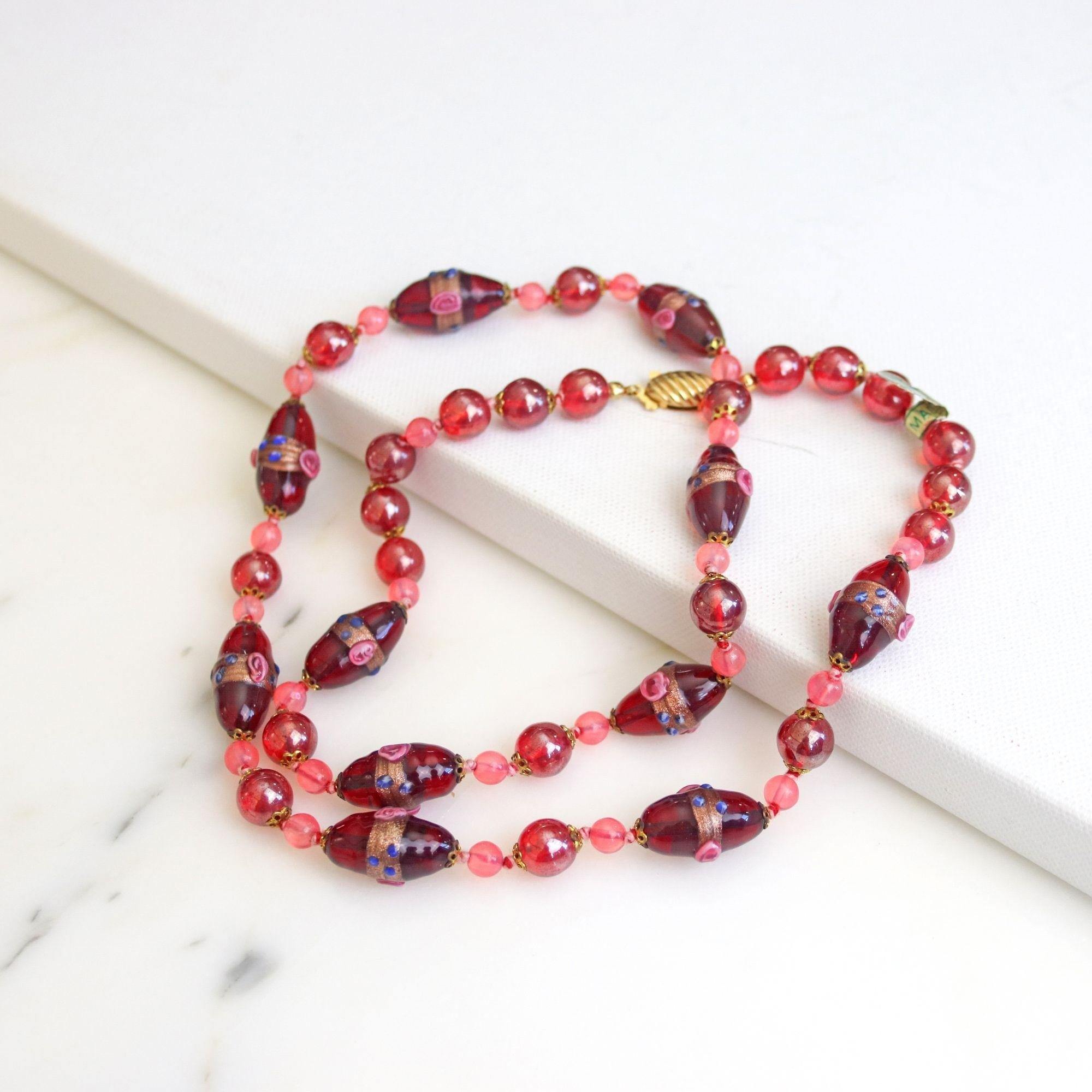 Vintage Red Venetian Glass Wedding Cake Bead Necklace by Made in Italy - Vintage Meet Modern Vintage Jewelry - Chicago, Illinois - #oldhollywoodglamour #vintagemeetmodern #designervintage #jewelrybox #antiquejewelry #vintagejewelry