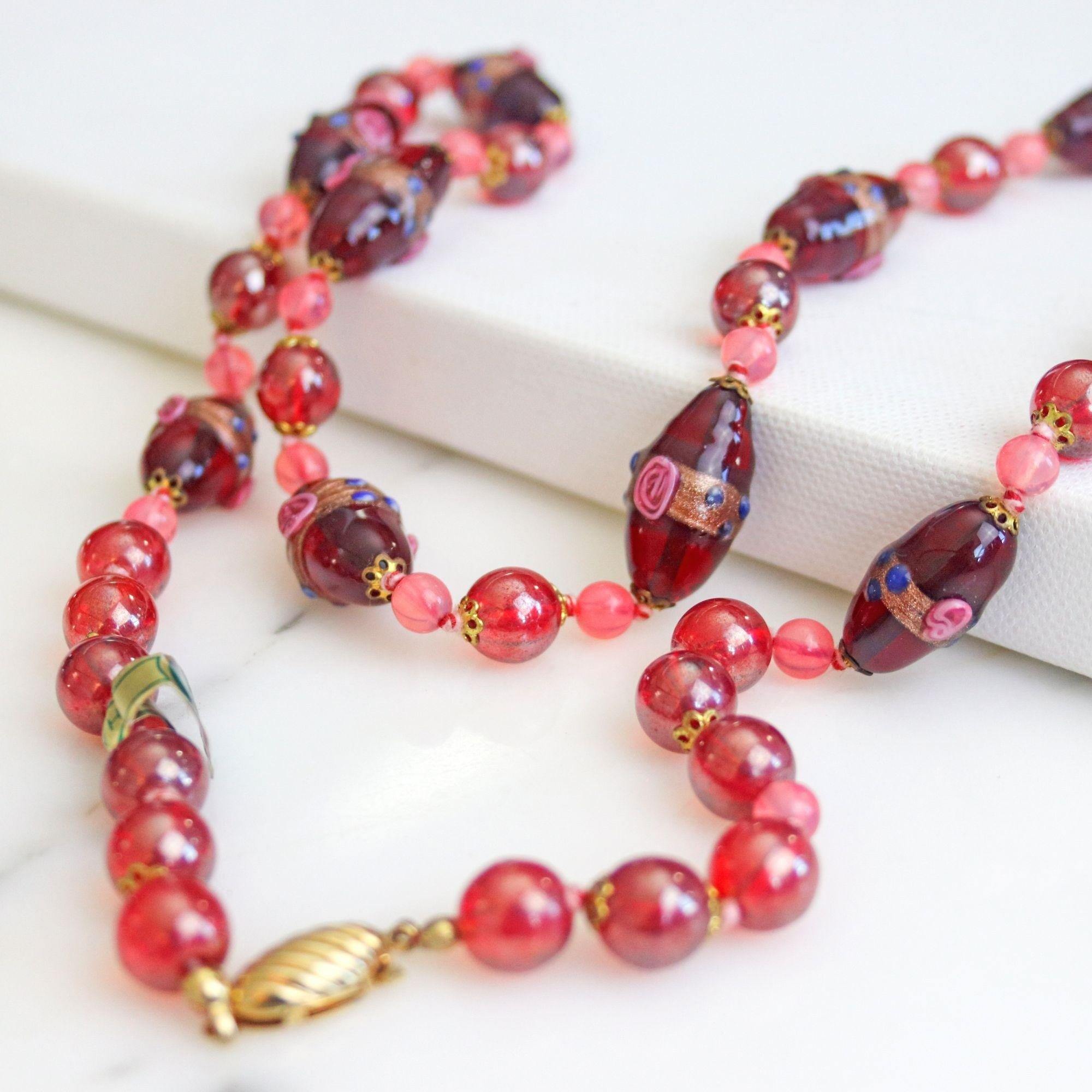 Vintage Red Venetian Glass Wedding Cake Bead Necklace by Made in Italy - Vintage Meet Modern Vintage Jewelry - Chicago, Illinois - #oldhollywoodglamour #vintagemeetmodern #designervintage #jewelrybox #antiquejewelry #vintagejewelry