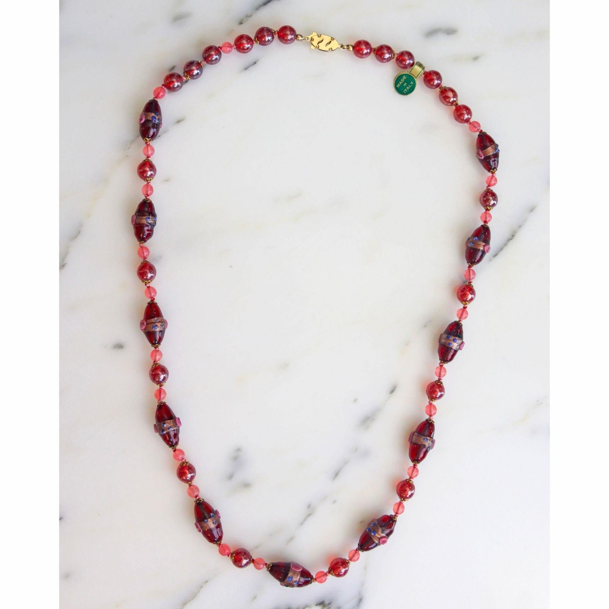 Vintage Red Venetian Glass Wedding Cake Bead Necklace by Made in Italy - Vintage Meet Modern Vintage Jewelry - Chicago, Illinois - #oldhollywoodglamour #vintagemeetmodern #designervintage #jewelrybox #antiquejewelry #vintagejewelry