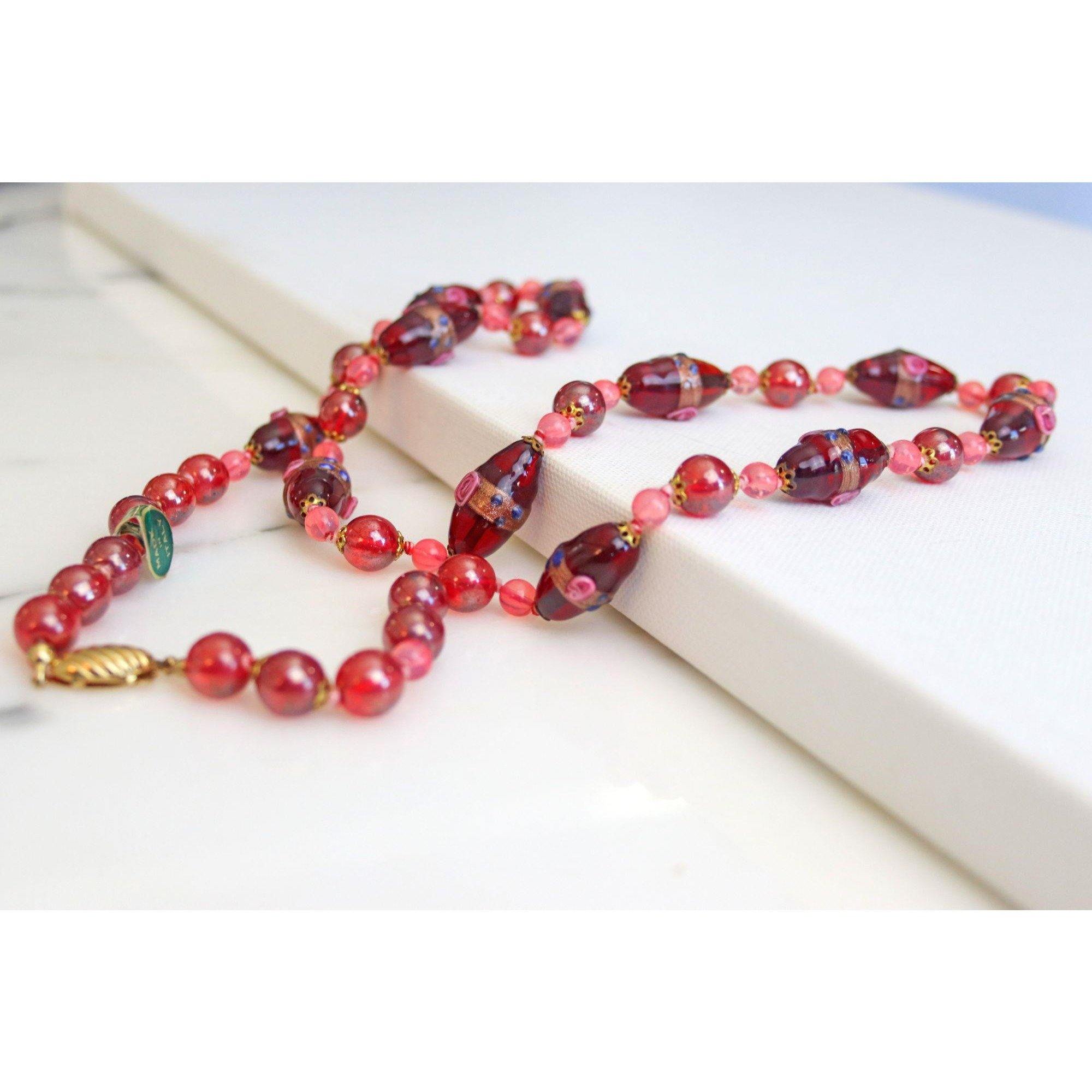 Vintage Red Venetian Glass Wedding Cake Bead Necklace by Made in Italy - Vintage Meet Modern Vintage Jewelry - Chicago, Illinois - #oldhollywoodglamour #vintagemeetmodern #designervintage #jewelrybox #antiquejewelry #vintagejewelry