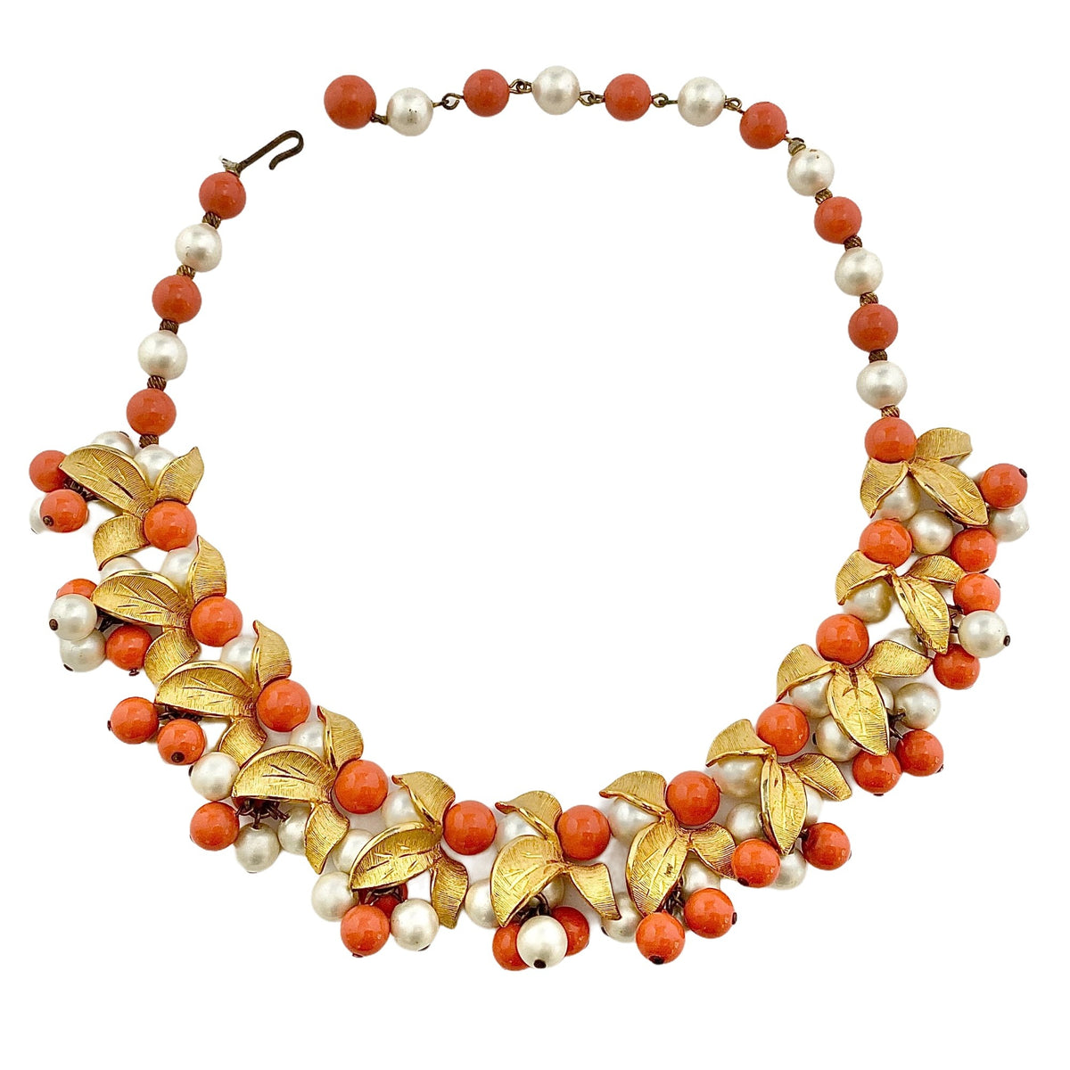 Vintage Pearl, Coral, Gold Leaf Beaded Statement Necklace