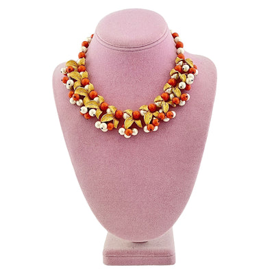 Vintage Pearl, Coral, Gold Leaf Beaded Statement Necklace by Unsigned Beauty - Vintage Meet Modern Vintage Jewelry - Chicago, Illinois - #oldhollywoodglamour #vintagemeetmodern #designervintage #jewelrybox #antiquejewelry #vintagejewelry
