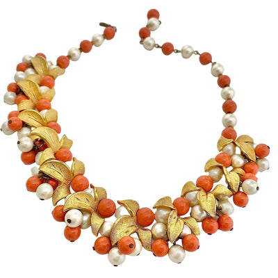 Vintage Pearl, Coral, Gold Leaf Beaded Statement Necklace by Unsigned Beauty - Vintage Meet Modern Vintage Jewelry - Chicago, Illinois - #oldhollywoodglamour #vintagemeetmodern #designervintage #jewelrybox #antiquejewelry #vintagejewelry
