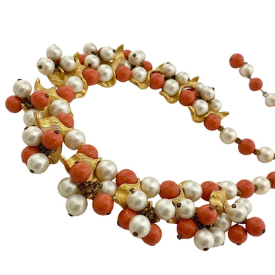 Vintage Pearl, Coral, Gold Leaf Beaded Statement Necklace by Unsigned Beauty - Vintage Meet Modern Vintage Jewelry - Chicago, Illinois - #oldhollywoodglamour #vintagemeetmodern #designervintage #jewelrybox #antiquejewelry #vintagejewelry