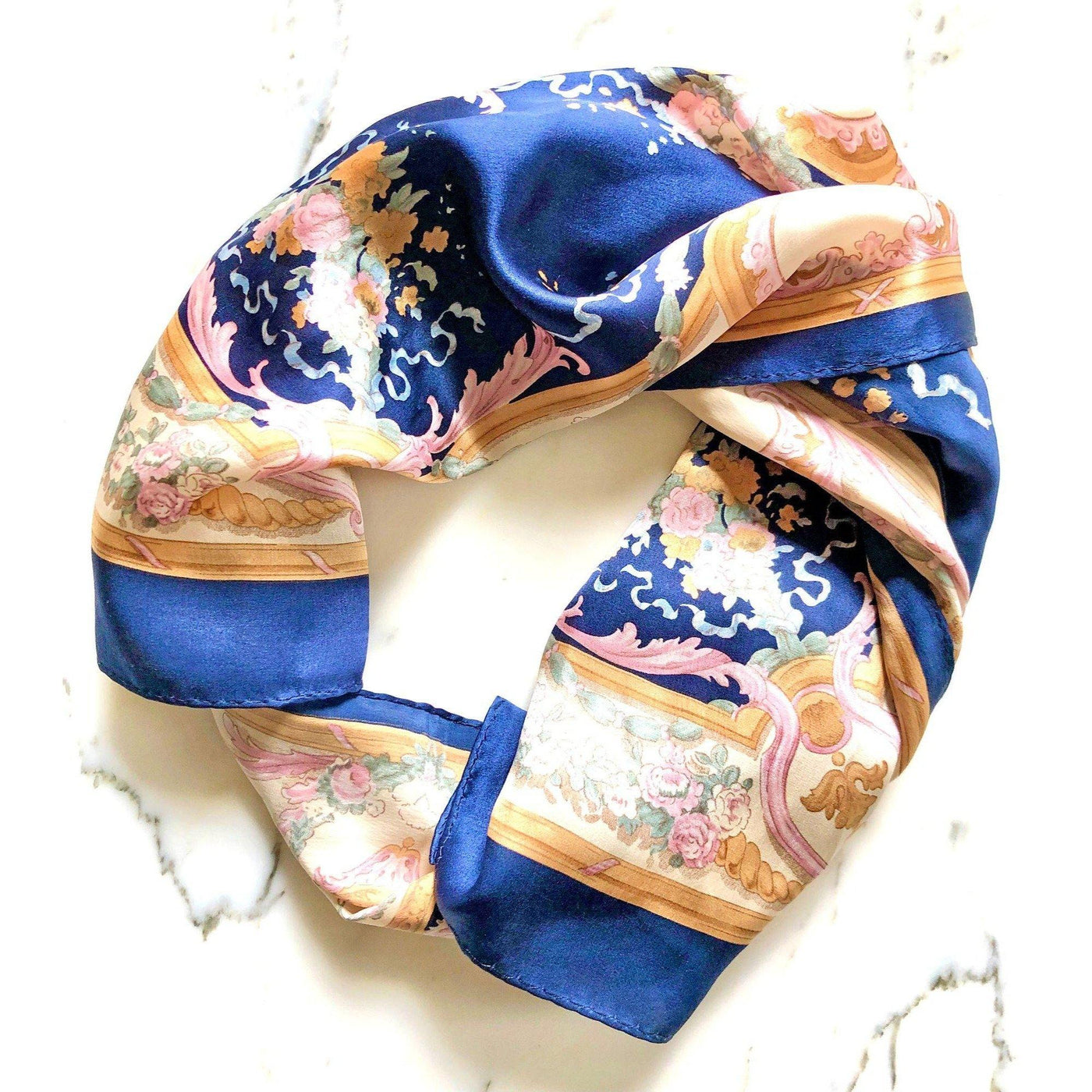 Vintage Liz Claiborne Navy, Gold, Paisley Oblong Silk Scarf