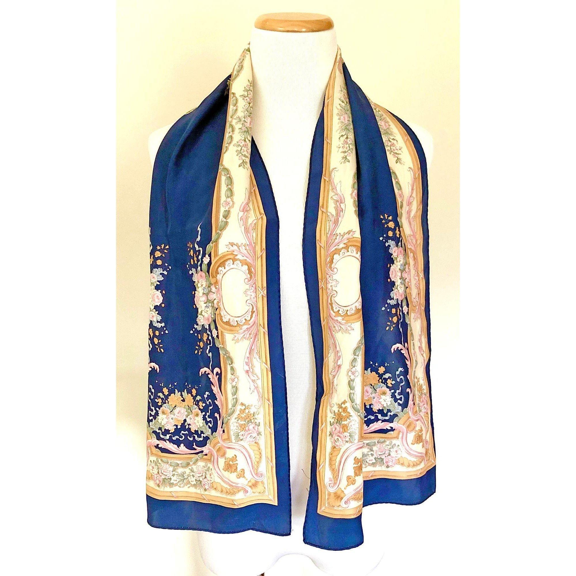 Vintage Liz Claiborne Navy, Gold, Paisley Oblong Silk Scarf by Liz Claiborne - Vintage Meet Modern Vintage Jewelry - Chicago, Illinois - #oldhollywoodglamour #vintagemeetmodern #designervintage #jewelrybox #antiquejewelry #vintagejewelry