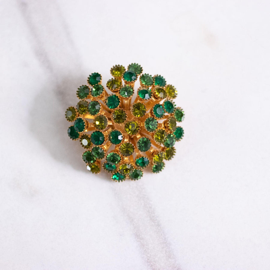 Vintage Shades of Green Rhinestone Sputnik Brooch by Unsigned Beauty - Vintage Meet Modern Vintage Jewelry - Chicago, Illinois - #oldhollywoodglamour #vintagemeetmodern #designervintage #jewelrybox #antiquejewelry #vintagejewelry