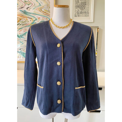 Vintage Altra Navy Blue Cardigan with Gold Accents by Altra - Vintage Meet Modern Vintage Jewelry - Chicago, Illinois - #oldhollywoodglamour #vintagemeetmodern #designervintage #jewelrybox #antiquejewelry #vintagejewelry