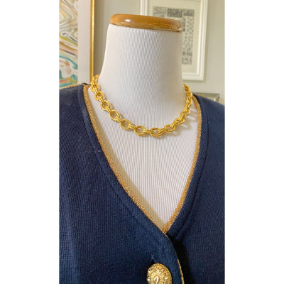 Vintage Altra Navy Blue Cardigan with Gold Accents by Altra - Vintage Meet Modern Vintage Jewelry - Chicago, Illinois - #oldhollywoodglamour #vintagemeetmodern #designervintage #jewelrybox #antiquejewelry #vintagejewelry