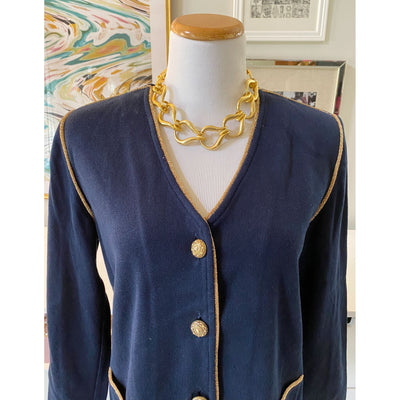 Vintage Altra Navy Blue Cardigan with Gold Accents by Altra - Vintage Meet Modern Vintage Jewelry - Chicago, Illinois - #oldhollywoodglamour #vintagemeetmodern #designervintage #jewelrybox #antiquejewelry #vintagejewelry