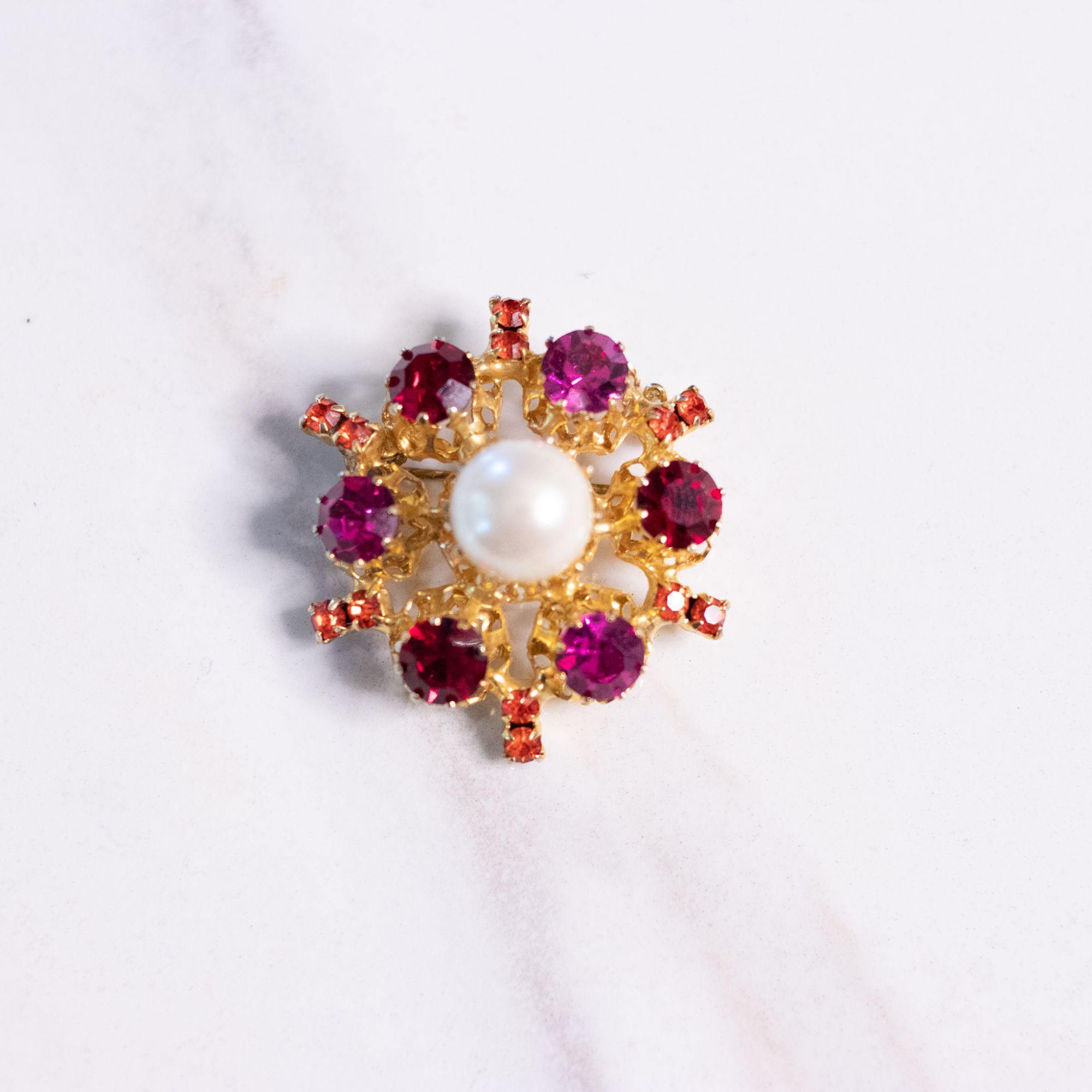 Vintage Pink, Red Rhinestone, Faux Pearl Brooch Made in Austria by Austria - Vintage Meet Modern Vintage Jewelry - Chicago, Illinois - #oldhollywoodglamour #vintagemeetmodern #designervintage #jewelrybox #antiquejewelry #vintagejewelry